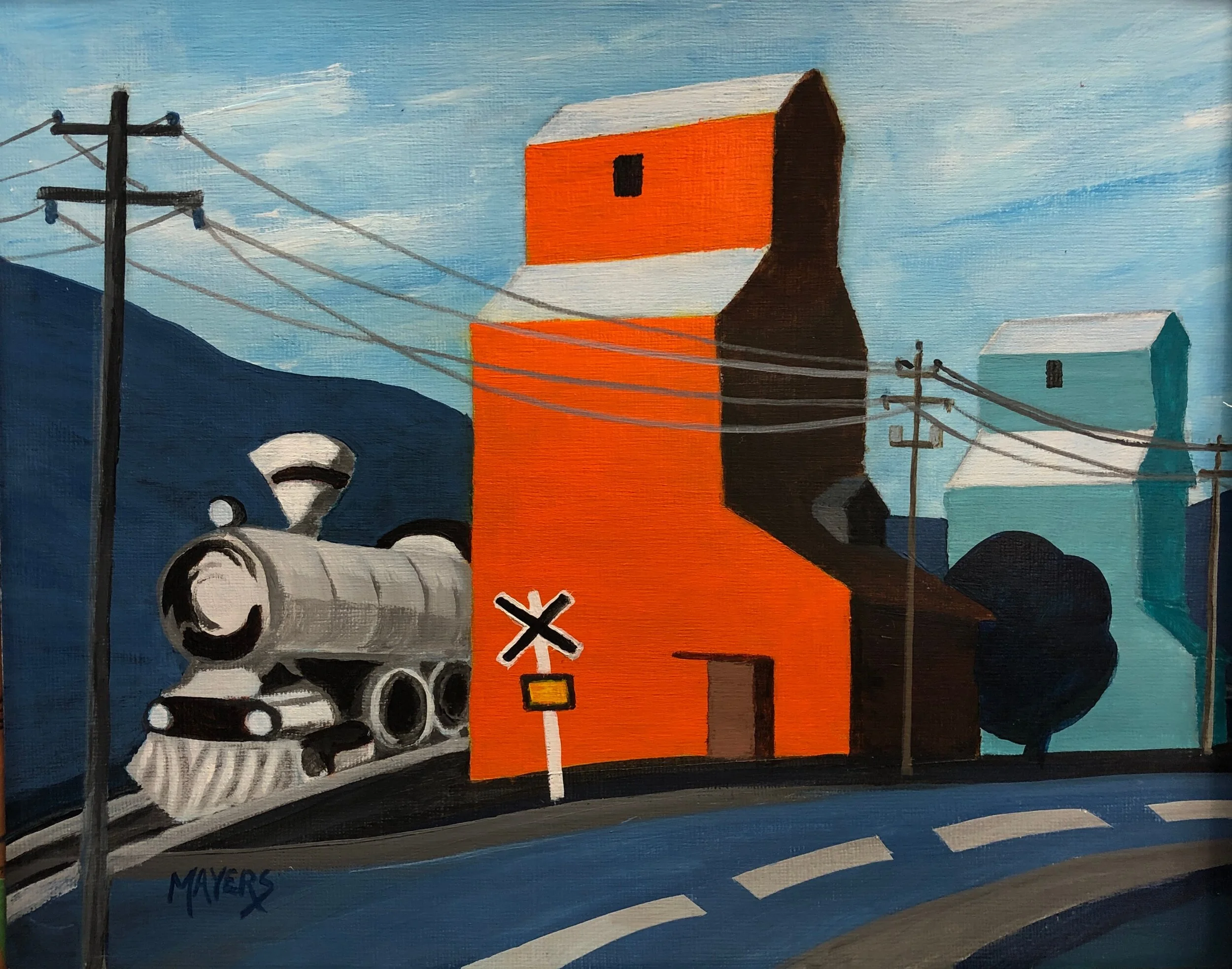 Creston 'Train' Grain Elevator
Acrylic on Canvas sheet 10" x 12" 
$40.00 CAD