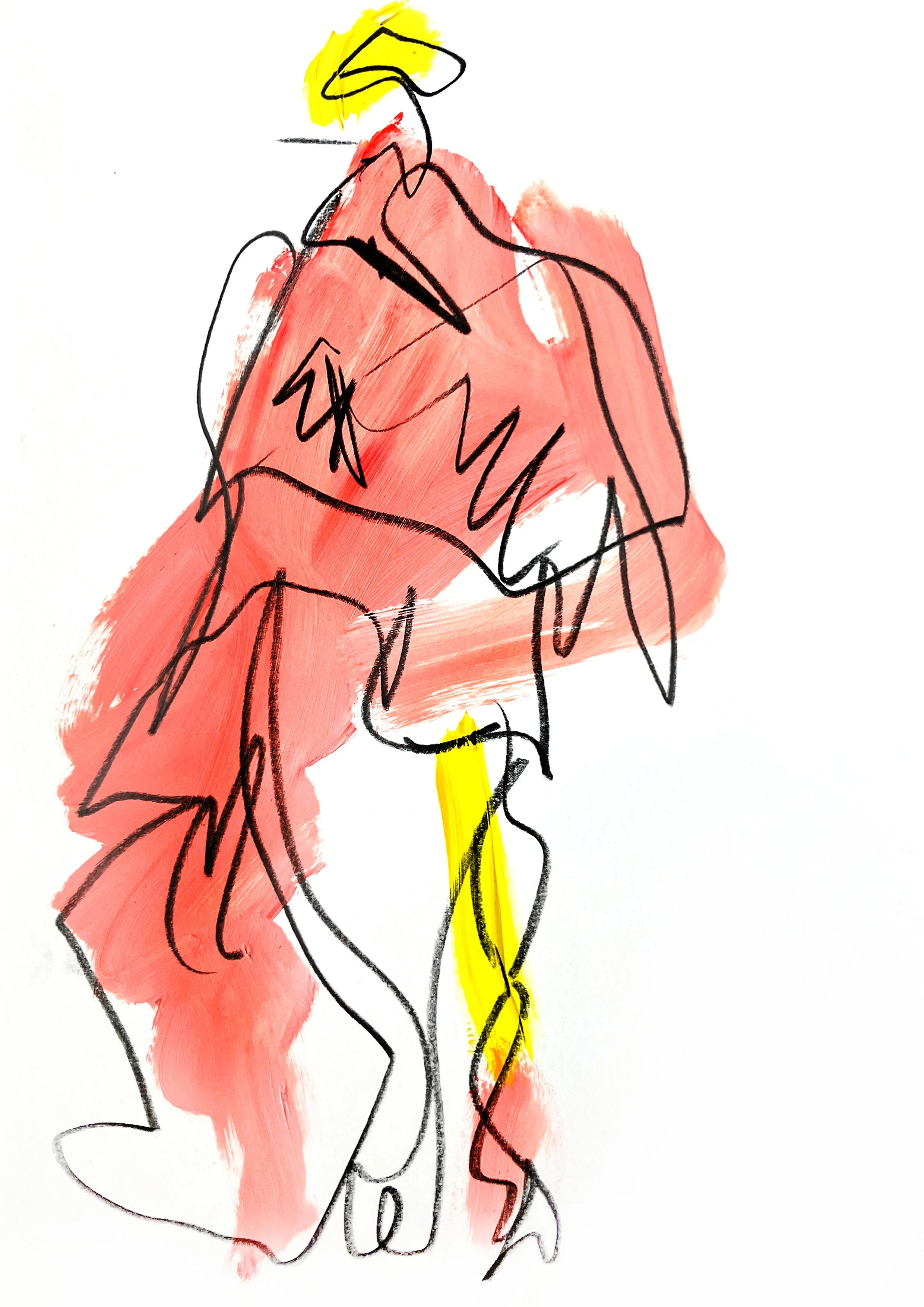 energetic live fashion catwalk illustration drawn using gouache and graphite