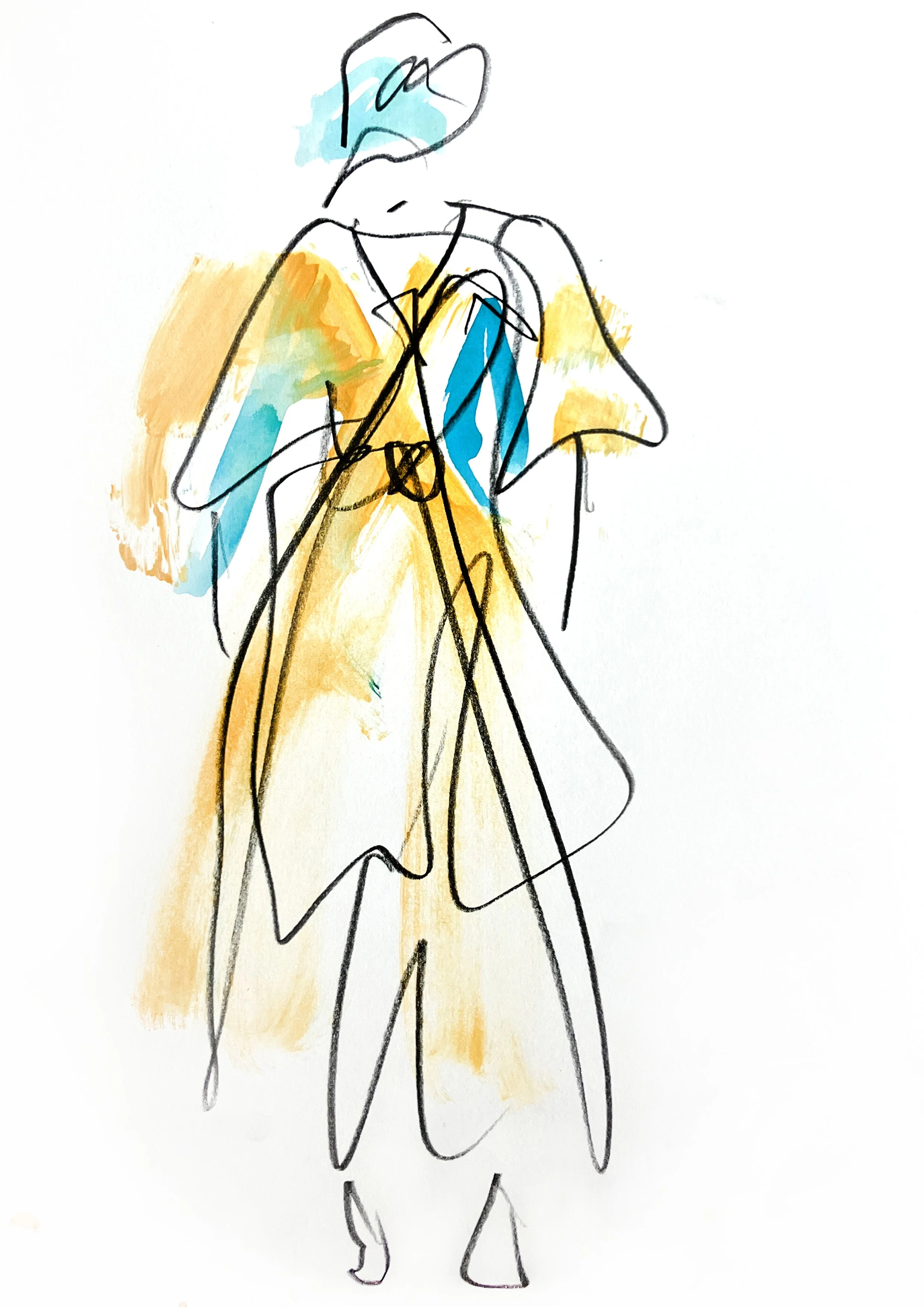 energetic live fashion catwalk illustration drawn using gouache and graphite