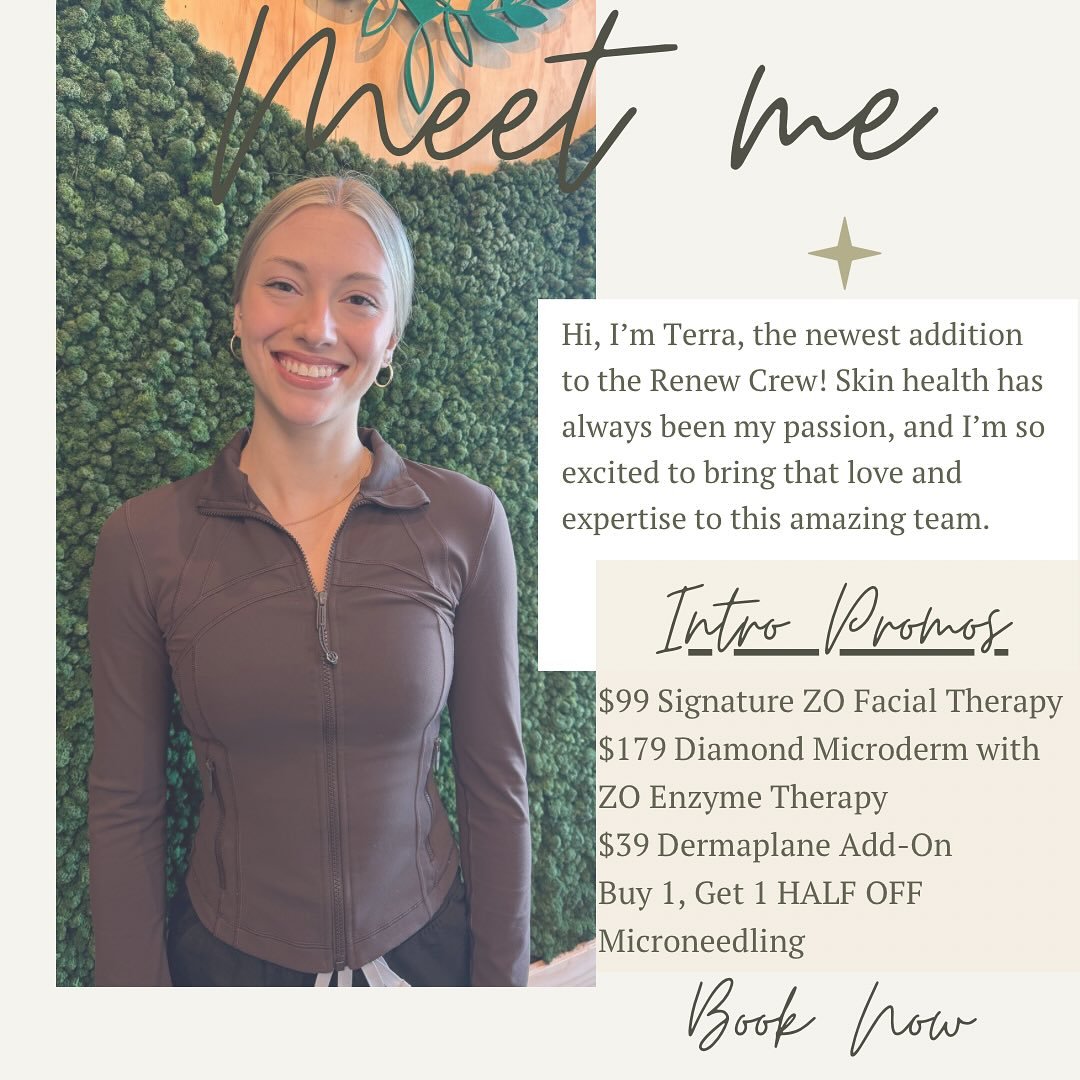 π£We’re so excited to start showcasing one of a few additions to our crew…more Renew Crew members loading soon…π
π Meet Terra – Our Newest Skin Health Expert! π
We’re lucky enough to welcome Terra to the Renew Cre