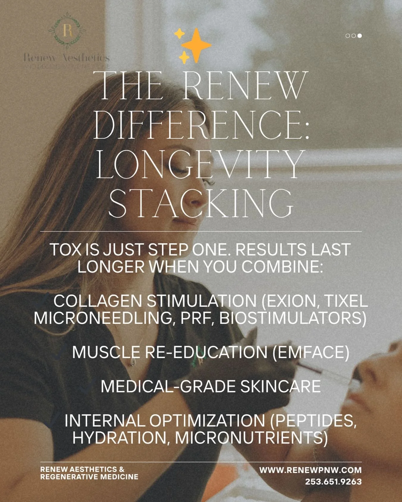 Longevity isn&rsquo;t created in a single appointment&mdash;it&rsquo;s built.

Tox softens expression.
But true, sustained results come from strategic layering.

At Renew, we take a longevity-first approach&mdash;because skin, muscle, and cellular he