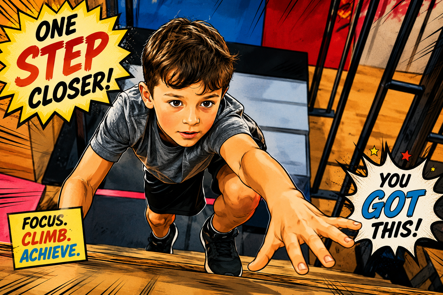 Comic-book illustration of a focused young boy climbing and reaching upward with the words "One Step Closer," "You Got This," and "Focus. Climb. Achieve." — youth strength training at Mighty Oak Athletic