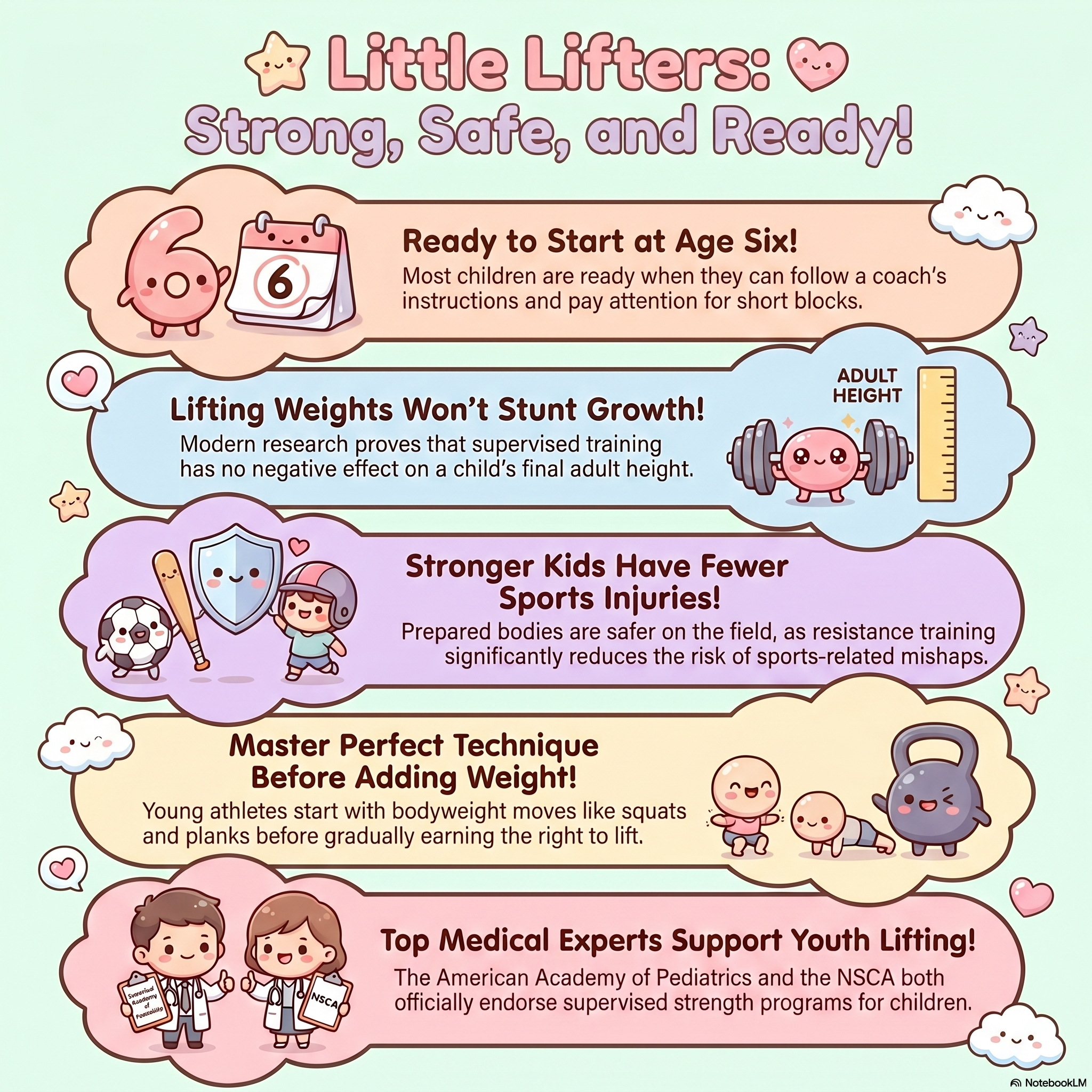Infographic: 5 facts about safe youth strength training — start age 6, no growth stunting, fewer injuries, AAP-backed