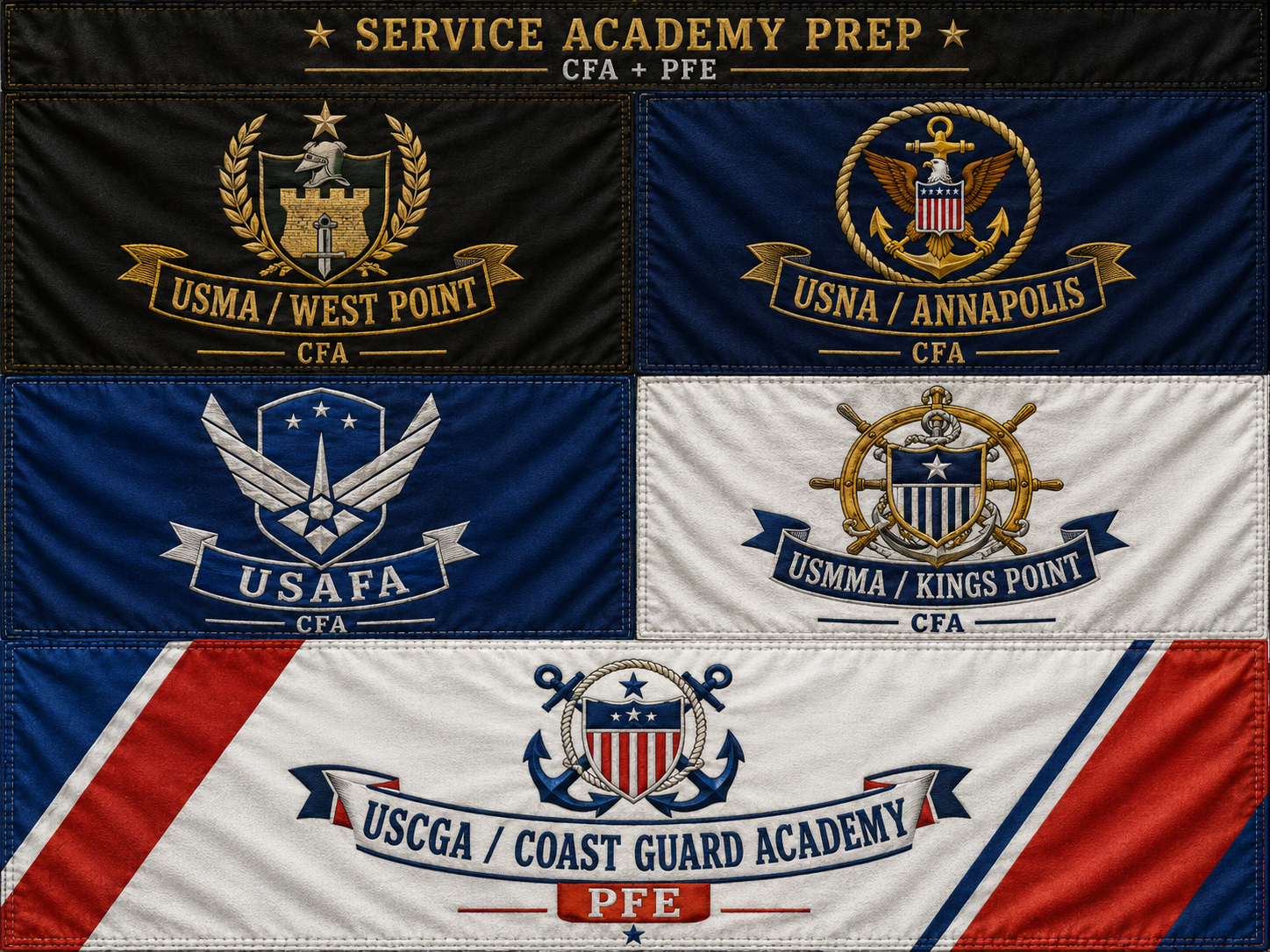 Service academy prep collage — Mighty Oak Athletic CFA prep for West Point, Annapolis, Air Force Academy, and Kings Point, plus PFE prep for Coast Guard Academy candidates in Westmont, IL