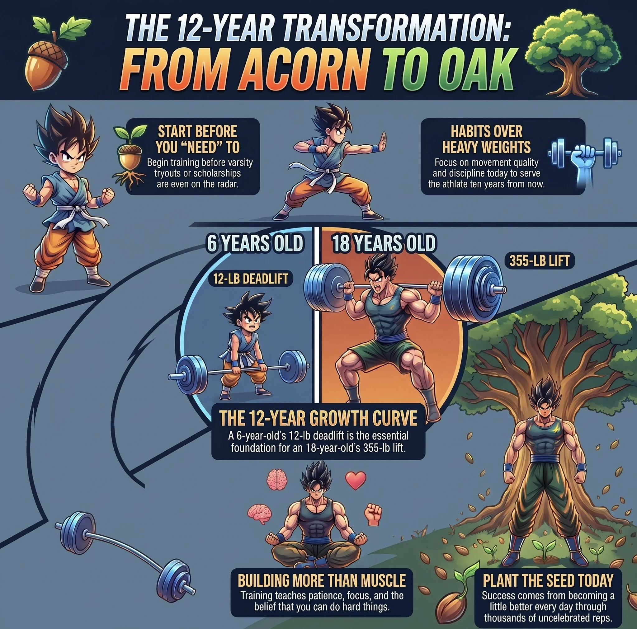 Infographic showing a 12-year youth strength training journey from a 6-year-old's 12-lb deadlift to an 18-year-old's 355-lb lift