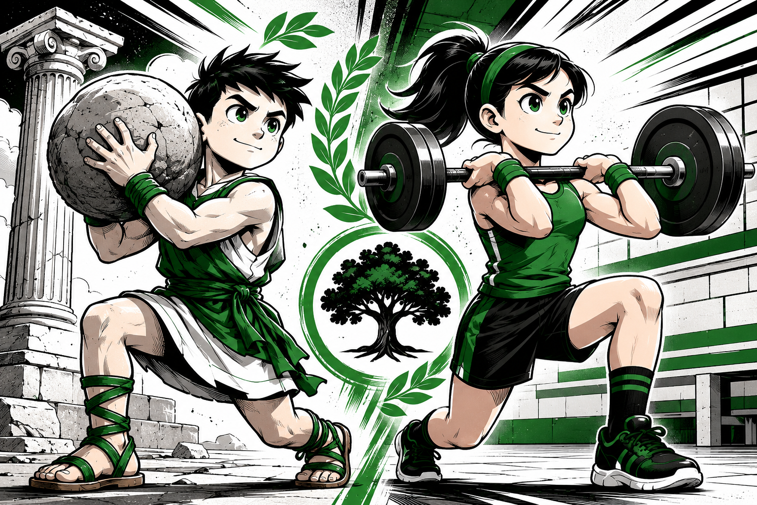 Black, green, and white cartoon split scene showing a young boy lifting an ancient stone and a young girl doing a modern barbell hold, illustrating the evolution of strength training — Mighty Oak Athletic.