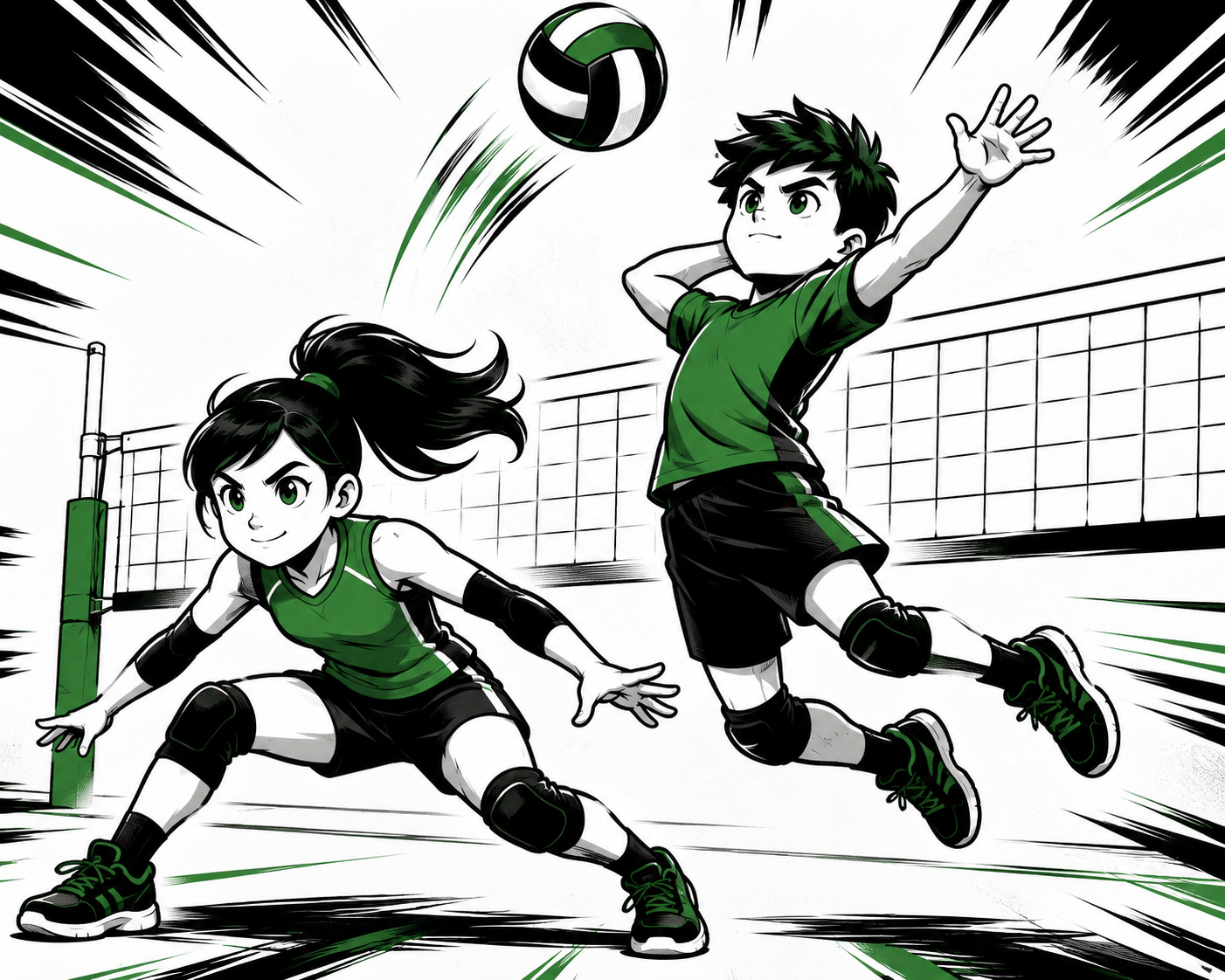 Black, green, and white cartoon of a young boy and girl training volleyball — one landing softly from a jump, one in an overhead spiking motion — at Mighty Oak Athletic.