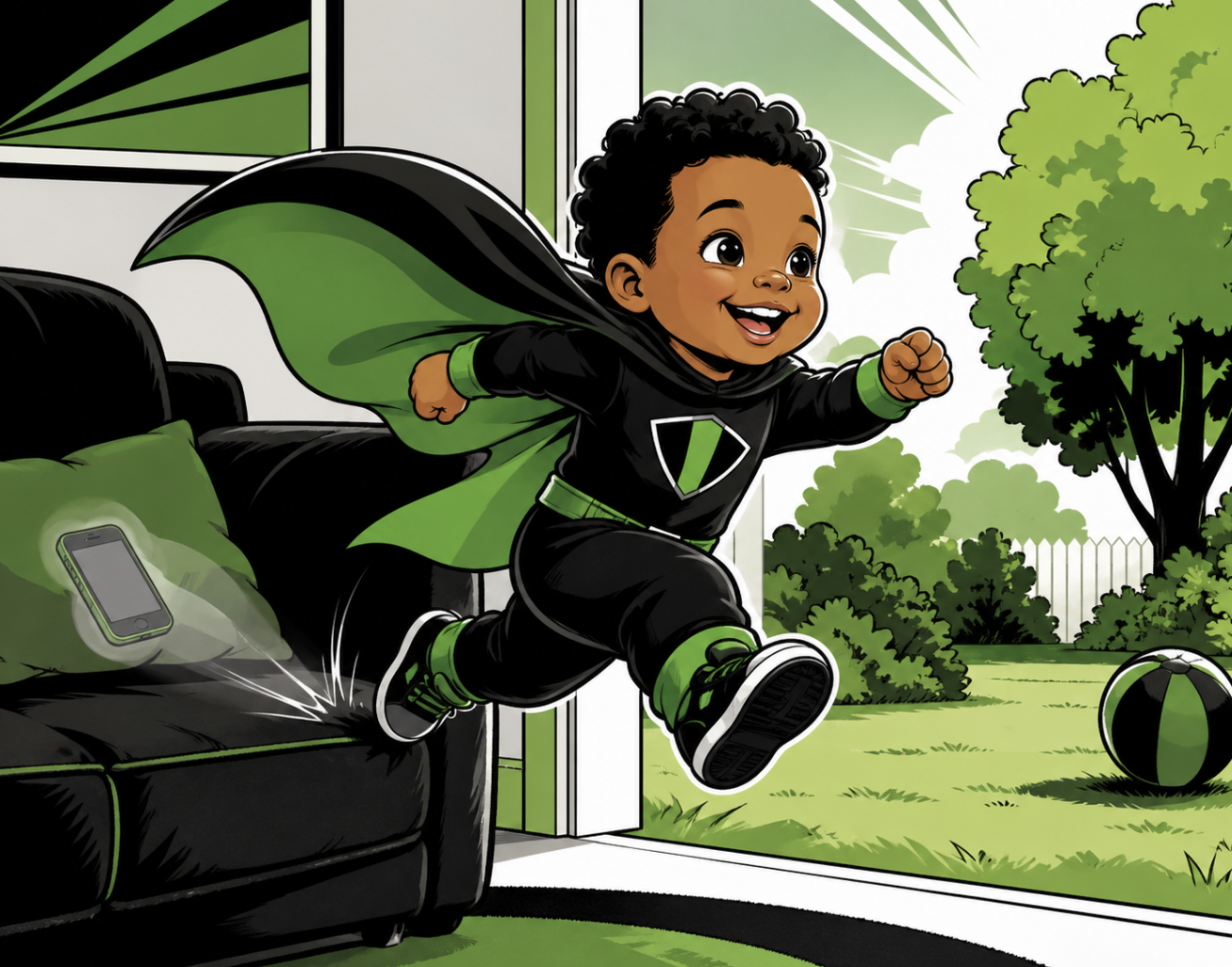 Cartoon superhero toddler in a black and green cape leaping off a couch toward a sunny yard with a ball, leaving a glowing phone behind on the cushion.