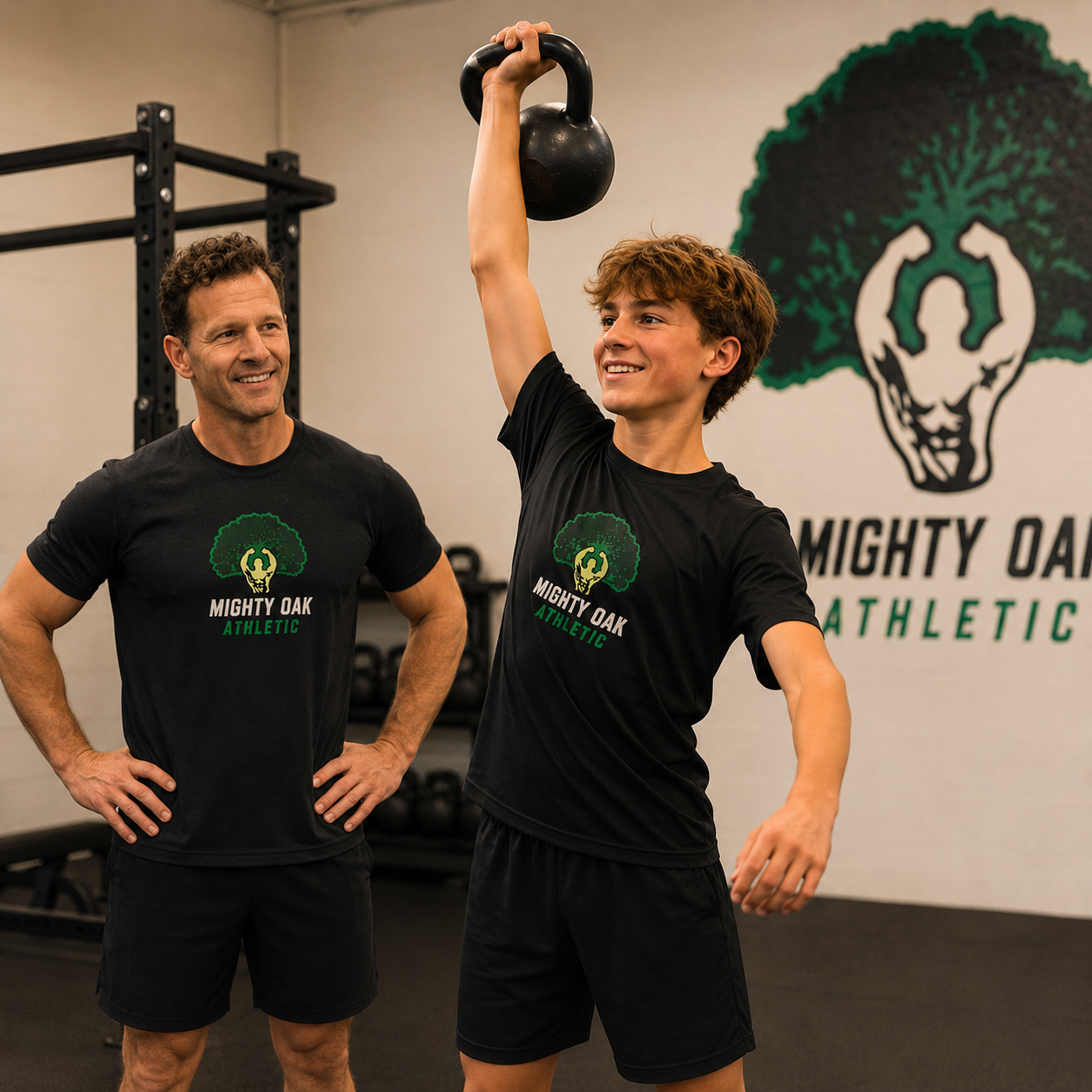 Personal trainer for kids coaching a teen athlete through a kettlebell press at Mighty Oak Athletic in Westmont, Illinois