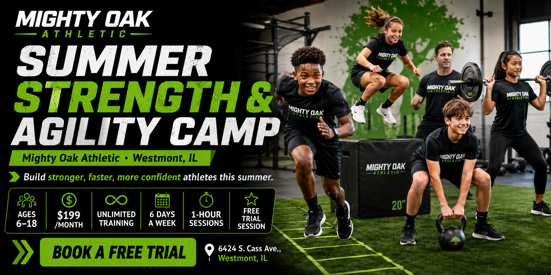 Comic book illustration of three youth athletes training in the summer sun — Mighty Oak Athletic summer strength and agility camp, Westmont IL.