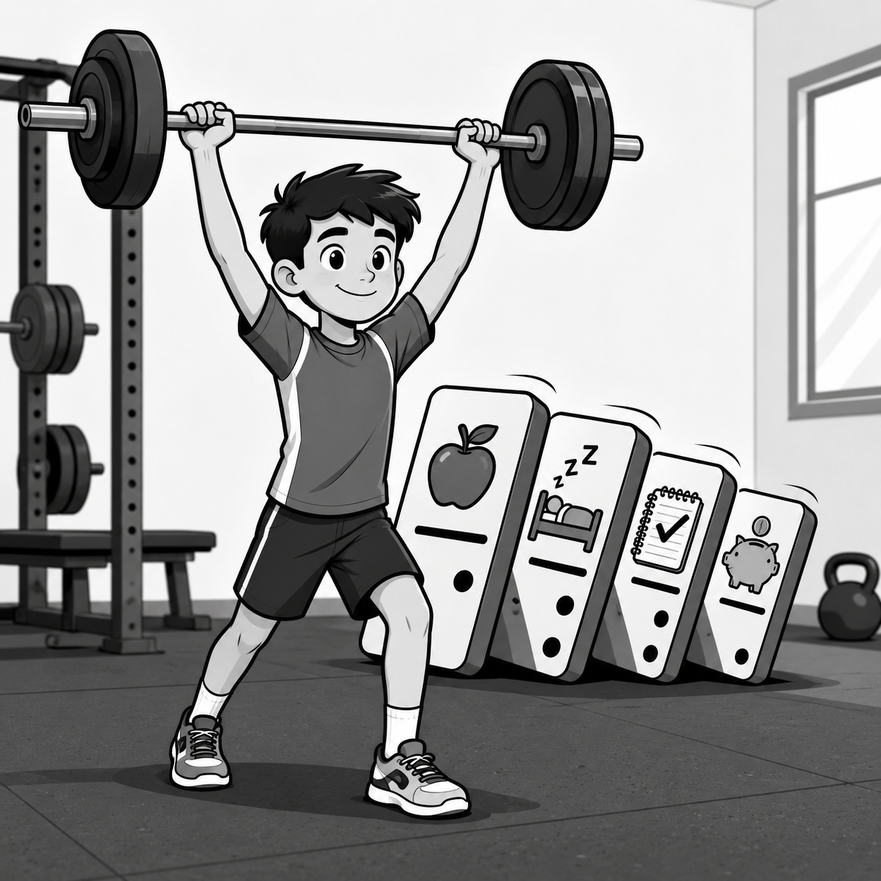Black and white cartoon of a young athlete pressing a barbell overhead in a gym as dominoes fall behind him showing an apple, sleep, completed homework, and a piggy bank — the keystone habit chain reaction from Mighty Oak Athletic in Westmont, IL.