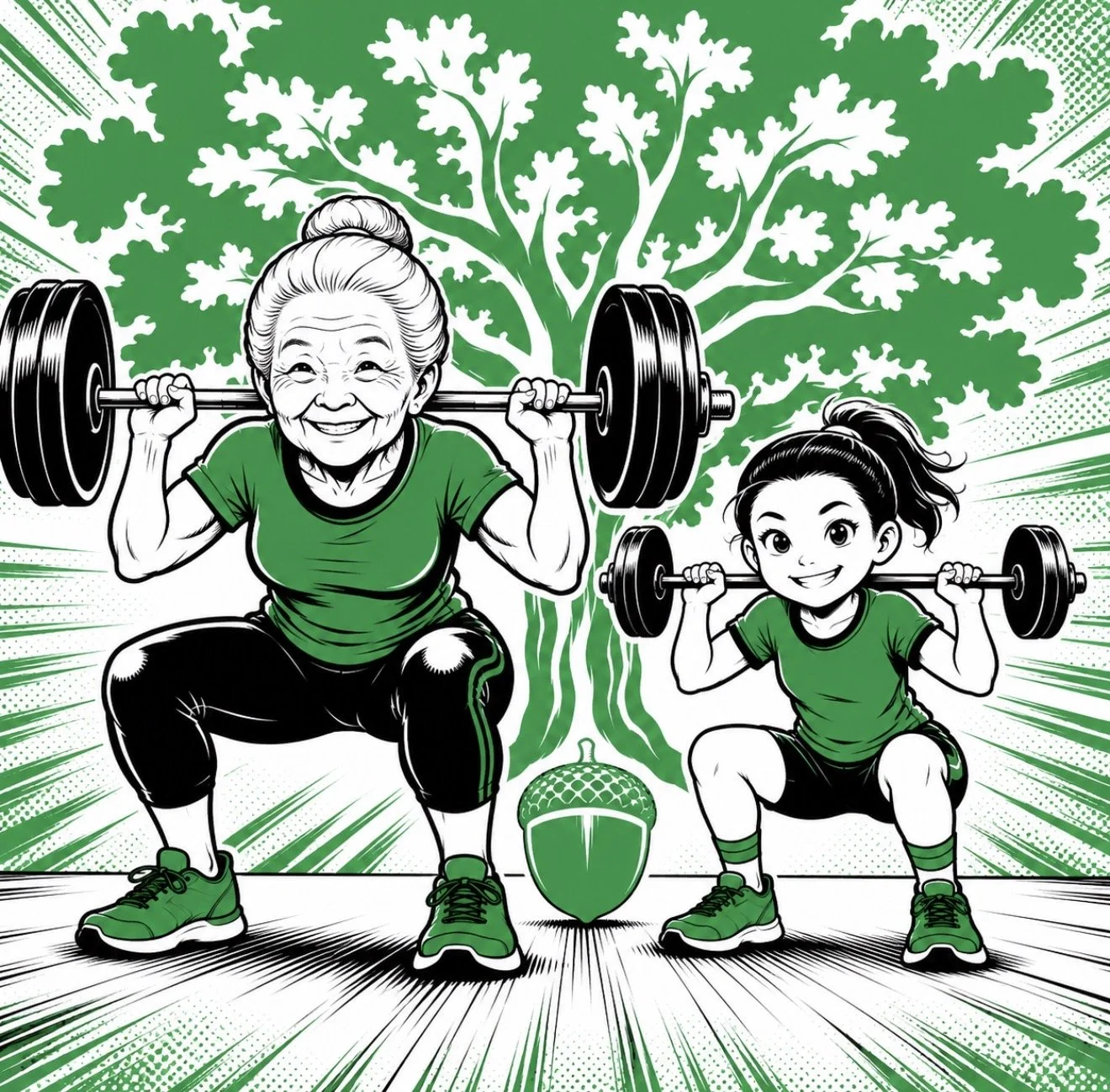 Comic-book illustration in MOA black, green, and white: a smiling Asian grandmother and a young girl athlete squatting side-by-side with barbells across their shoulders, standing in front of a mighty oak tree with a green acorn between them.