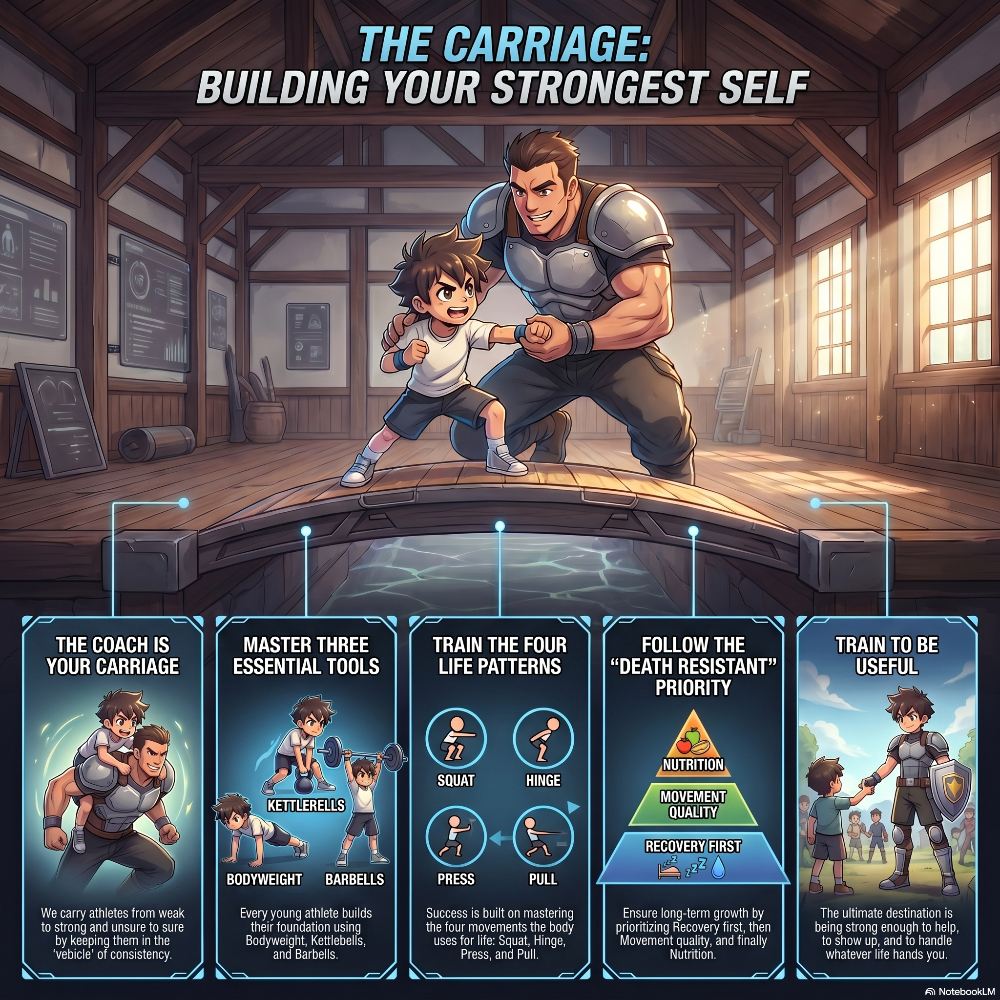 Mighty Oak Athletic "Building Your Strongest Self" infographic: a coach guiding a young athlete plus five youth-strength training panels.
