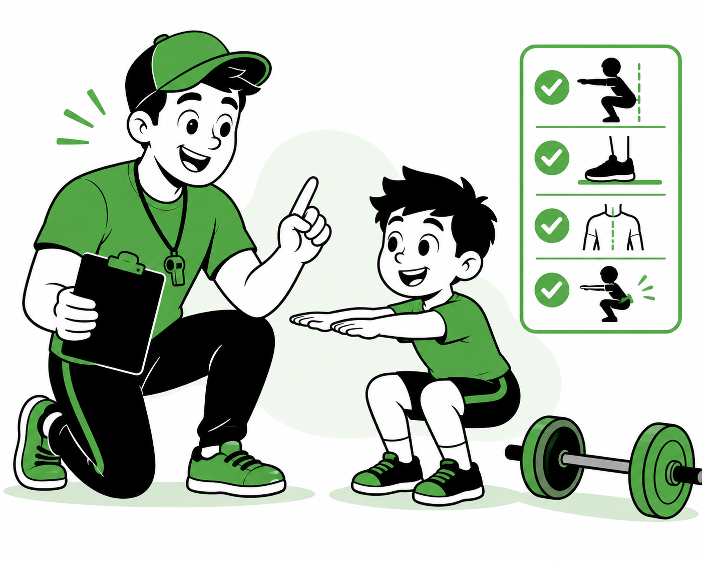 Youth strength coach teaching a young athlete proper squat technique at Mighty Oak Athletic in Westmont IL