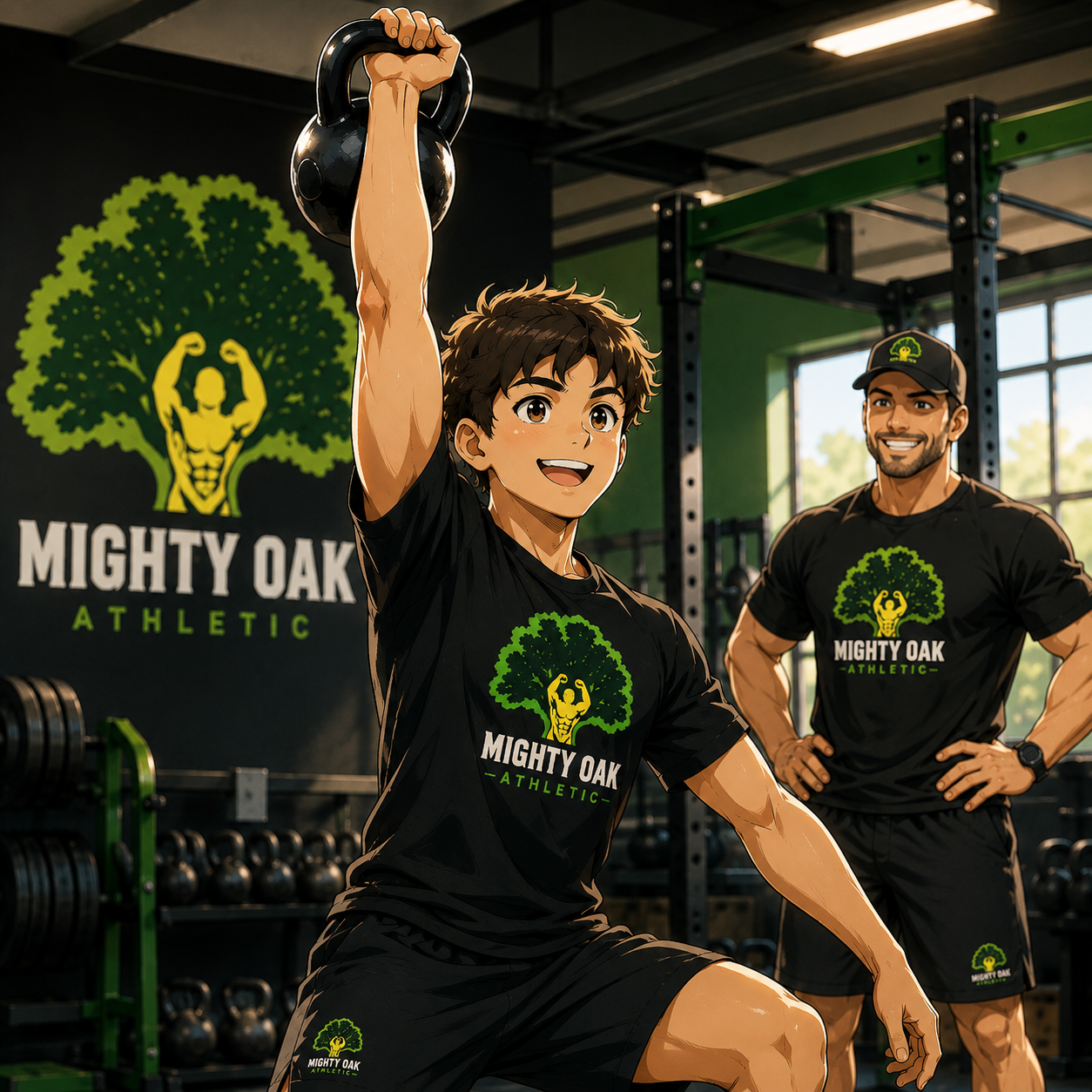 Anime illustration of a young athlete pressing a kettlebell overhead with a coach watching during a kettlebell clean and press ladder workout at Mighty Oak Athletic