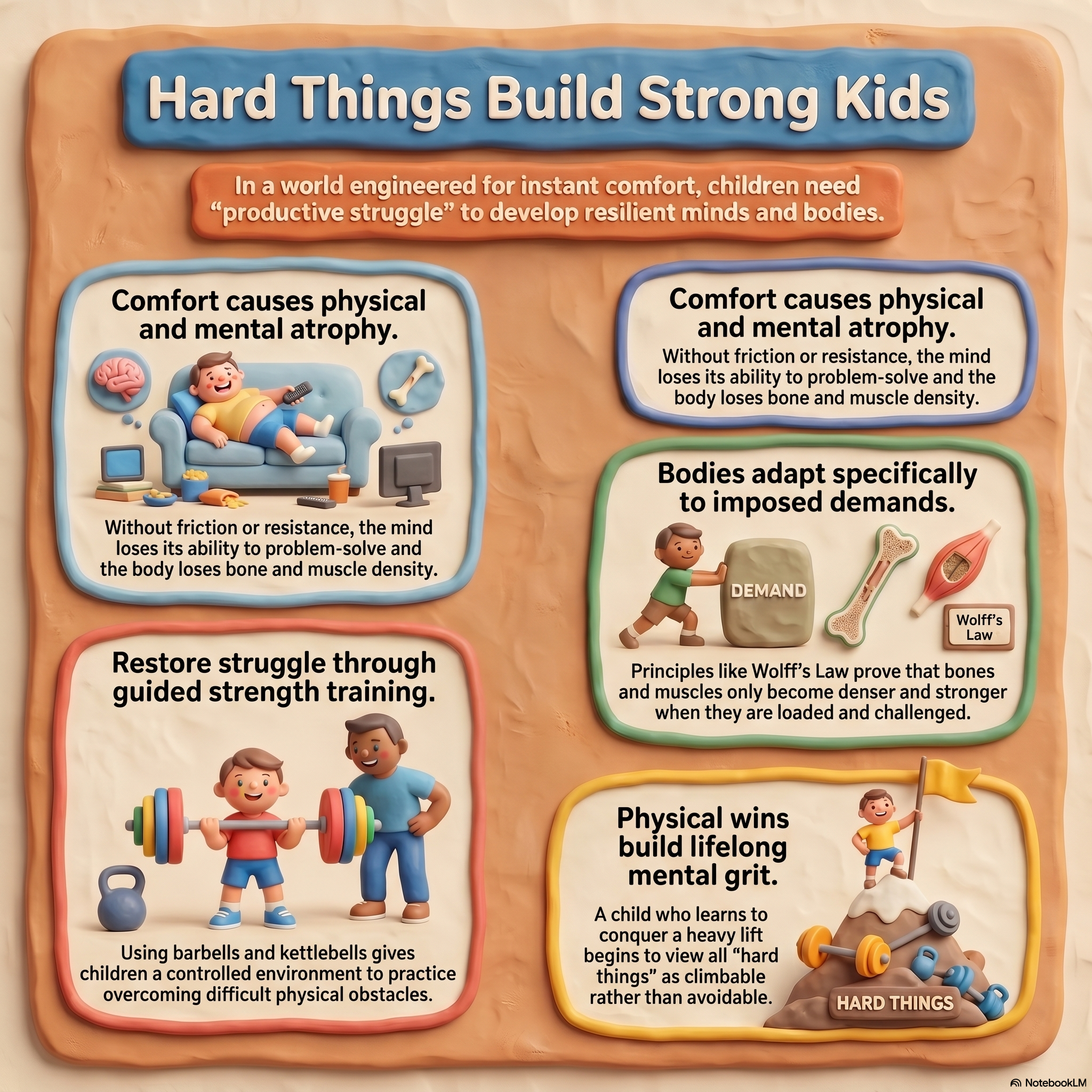 Claymation-style infographic titled "Hard Things Build Strong Kids" explaining how productive struggle and guided strength training build resilient minds and bodies in children — Mighty Oak Athletic, Westmont IL