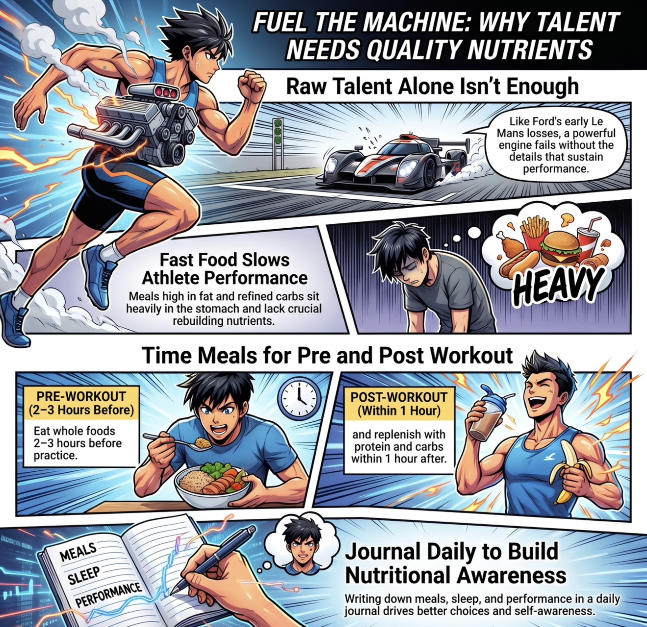 Comic infographic: young athlete with an engine on his back; fast food before practice vs. whole-food meals and a daily nutrition journal