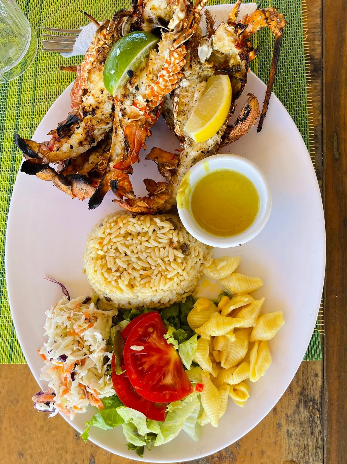 Fresh lobster lunch served on Prickly Pear Island during a GoodLiving Charters island stop.
