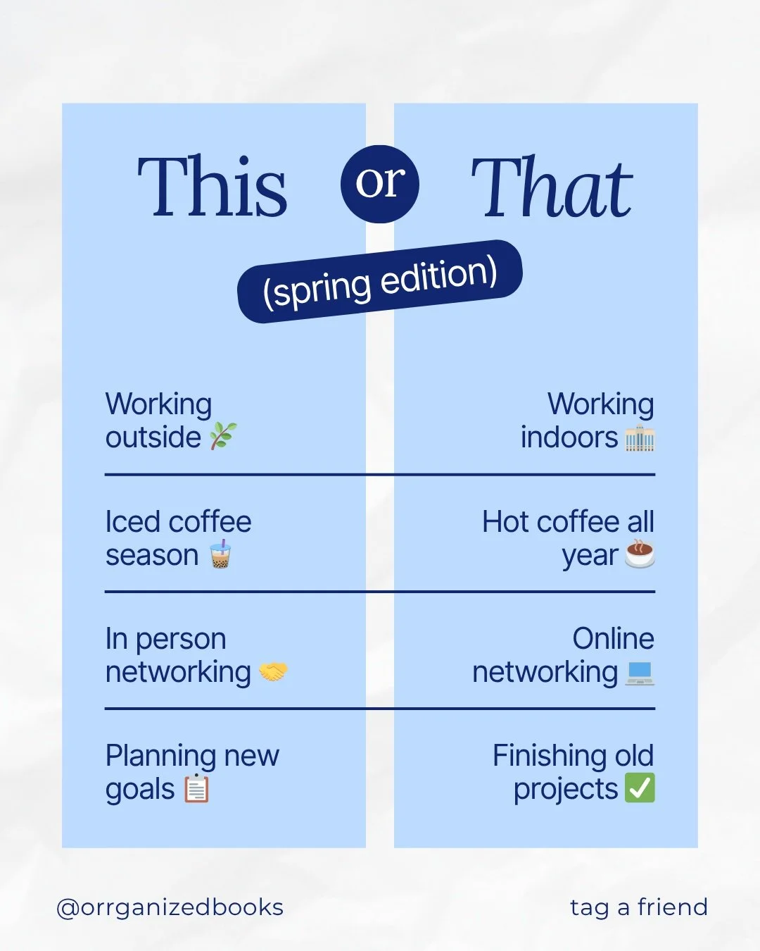 Spring is here, so let&rsquo;s do a quick This or That.

Tell us your picks in the comments. 
.
.
.
#Businessbookkeeping 
#Atlantabookkeeper 
#Mcdonoughaccountant 
#Georgiabookkeeper 
#Georgiaaccountant 
#Orrganizedbooks