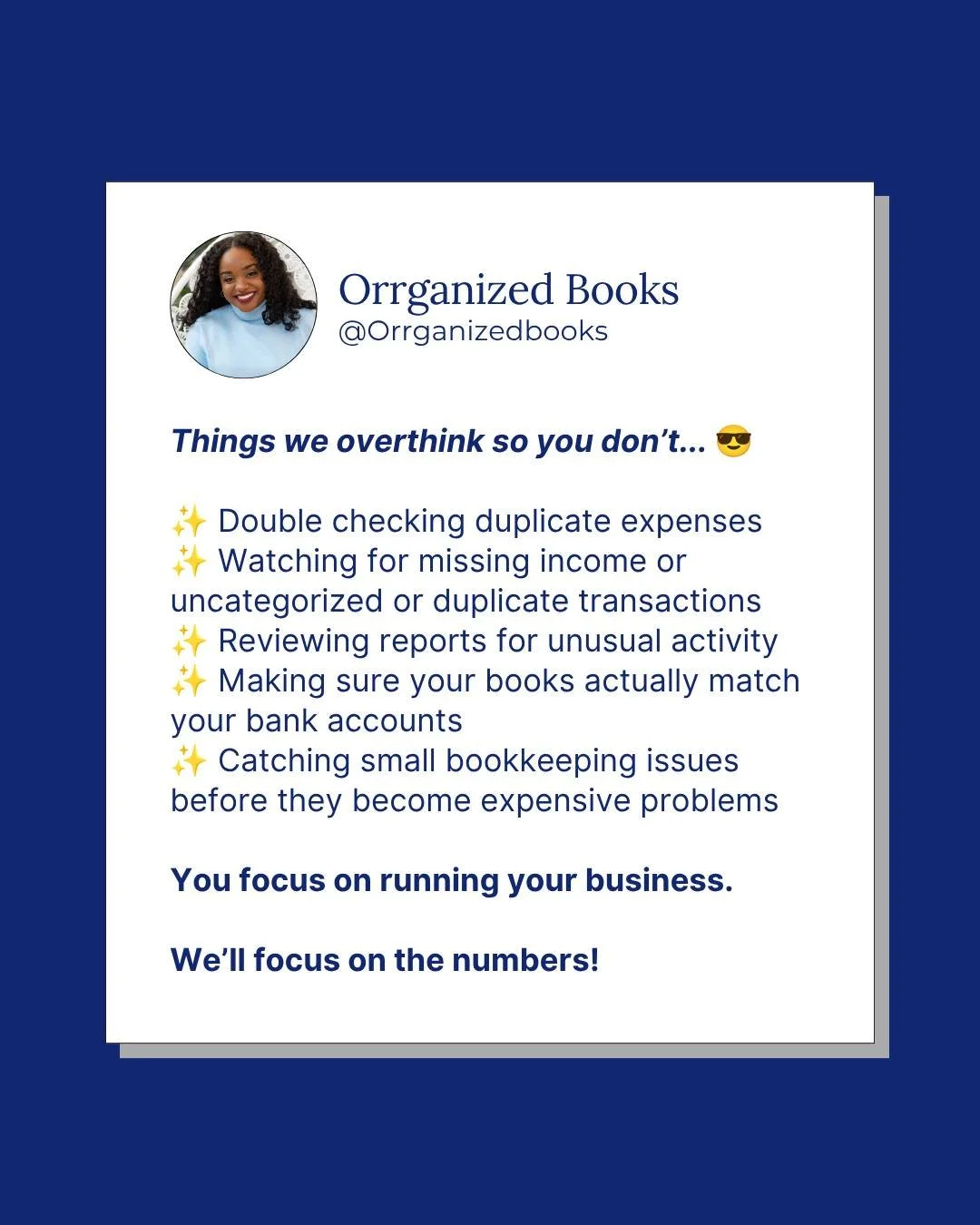 You focus on running your business.

We&rsquo;ll focus on the numbers.

Need help getting your books cleaned up or staying financially organized? 

Book a call using the link in our profile or comment &ldquo;books&rdquo; below to learn more about our
