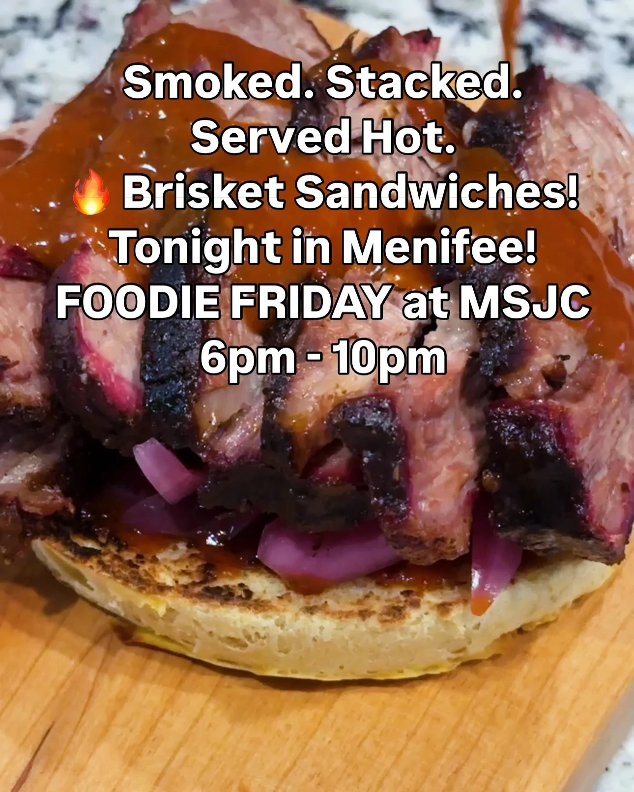 Brisket is on. Juicy, smoky, stacked. 
Catch us in Menifee tonight! 
@madelocalmarket 

📍 MSJC Campus &ndash; 28237 La Piedra Rd, Menifee
⏰ #foodiefriday | Come hungry!

BrisketBar
#SmokedBrisket
#BBQLovers
#BBQTime
#FoodieFriday
#MenifeeEats
#Inlan