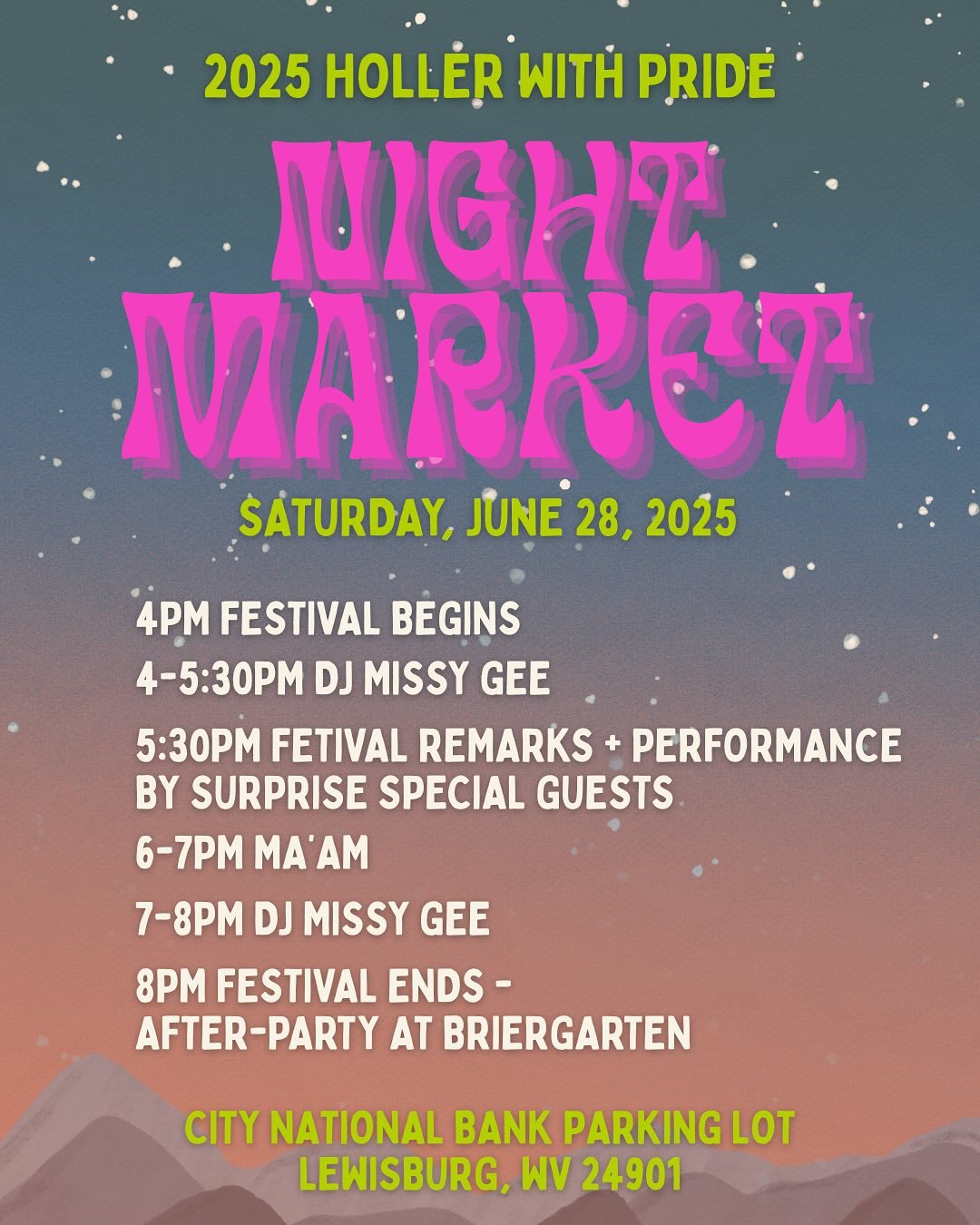 Our Holler With Pride 2025 Festival and Night Market is this Saturday, June 28th! Here is the line-up of entertainment Saturday evening, along with our Festival Map to help everyone visualize the layout of the event. We&rsquo;re super excited and can