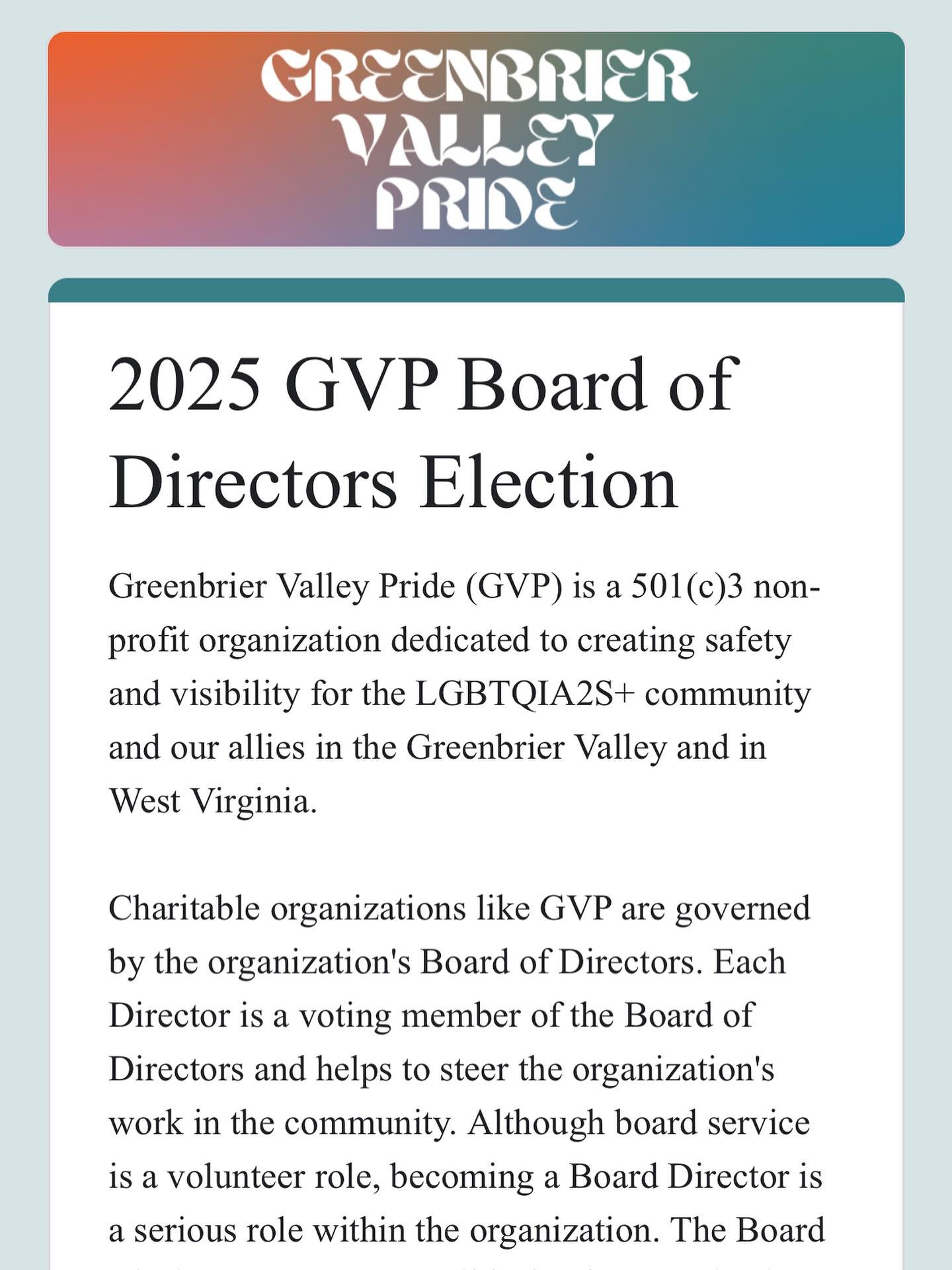 GVP BOARD ELECTIONS &bull; HAPPENING NOW! 🗳️✨🌈

Use your voice and your vote to help shape our organization! Please review the bios and headshots of all candidates before casting your vote 🔗link in bio🔗

Voting is confidential. In order to mainta