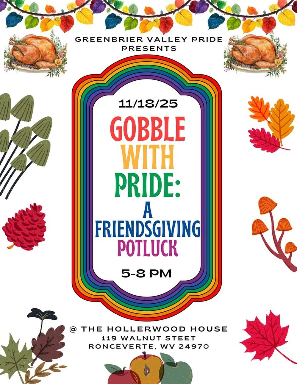 Join us this month for Holler With Pride&rsquo;s Friendsgiving Potluck! It will be held at @hollerwoodhouse on November 18th from 5-8pm. Use the link in our bio for the sign up form and choose an item to bring to the potluck!! Excited to see everyone