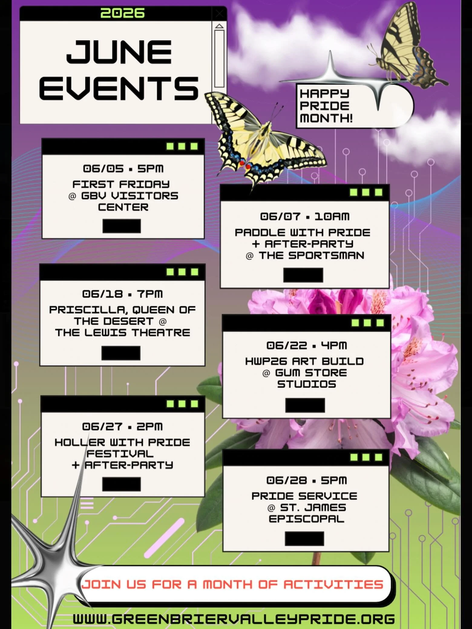 We&rsquo;re just getting started over here&hellip; Mark your calendars for a month full of PRIDE events this June! We can&rsquo;t wait to see all of you!! 🌈🌟💖🦋✨🌺💘 

🌱 FIRST FRIDAYS at Greenbrier Valley Visitors Center: Kickoff Pride month with