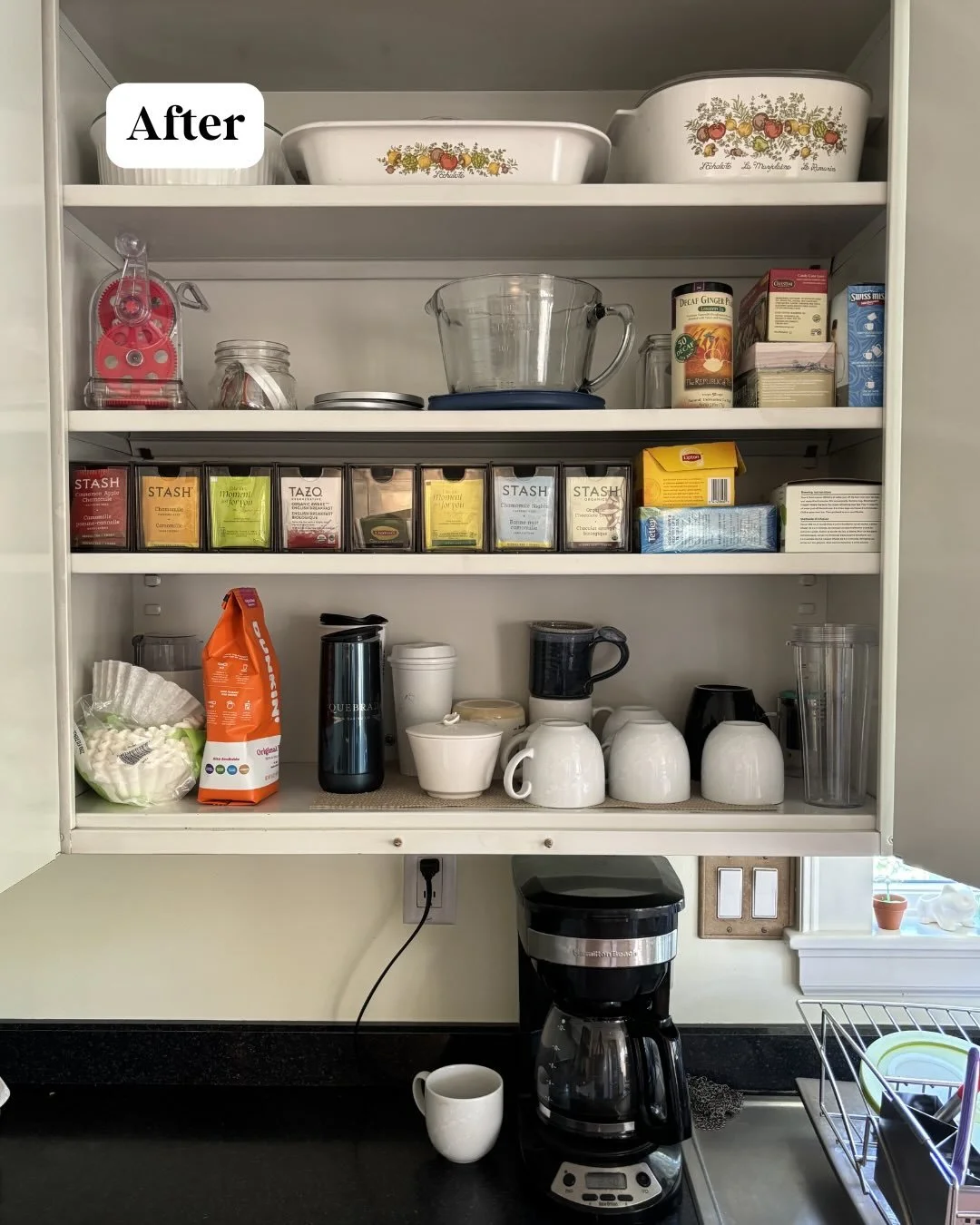This cabinet wasn&rsquo;t messy&hellip; it just didn&rsquo;t have a system.

Tea boxes stacked, mugs floating around, coffee supplies tucked wherever they fit. It worked, but it wasn&rsquo;t functional. We gave everything a home. Clear tea bins so yo