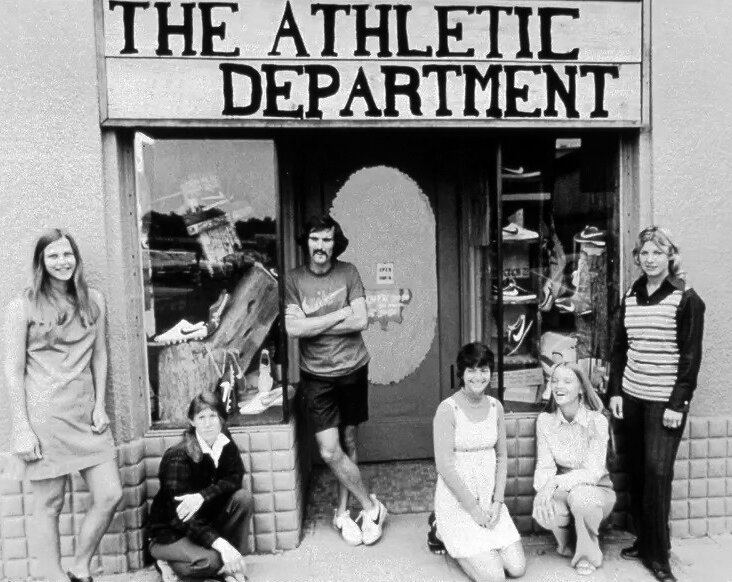 Geoff Hollister in the doorway, a UO runner and early Nike employee, traded my Adidas running flats for a pair of Nike Cortez.
