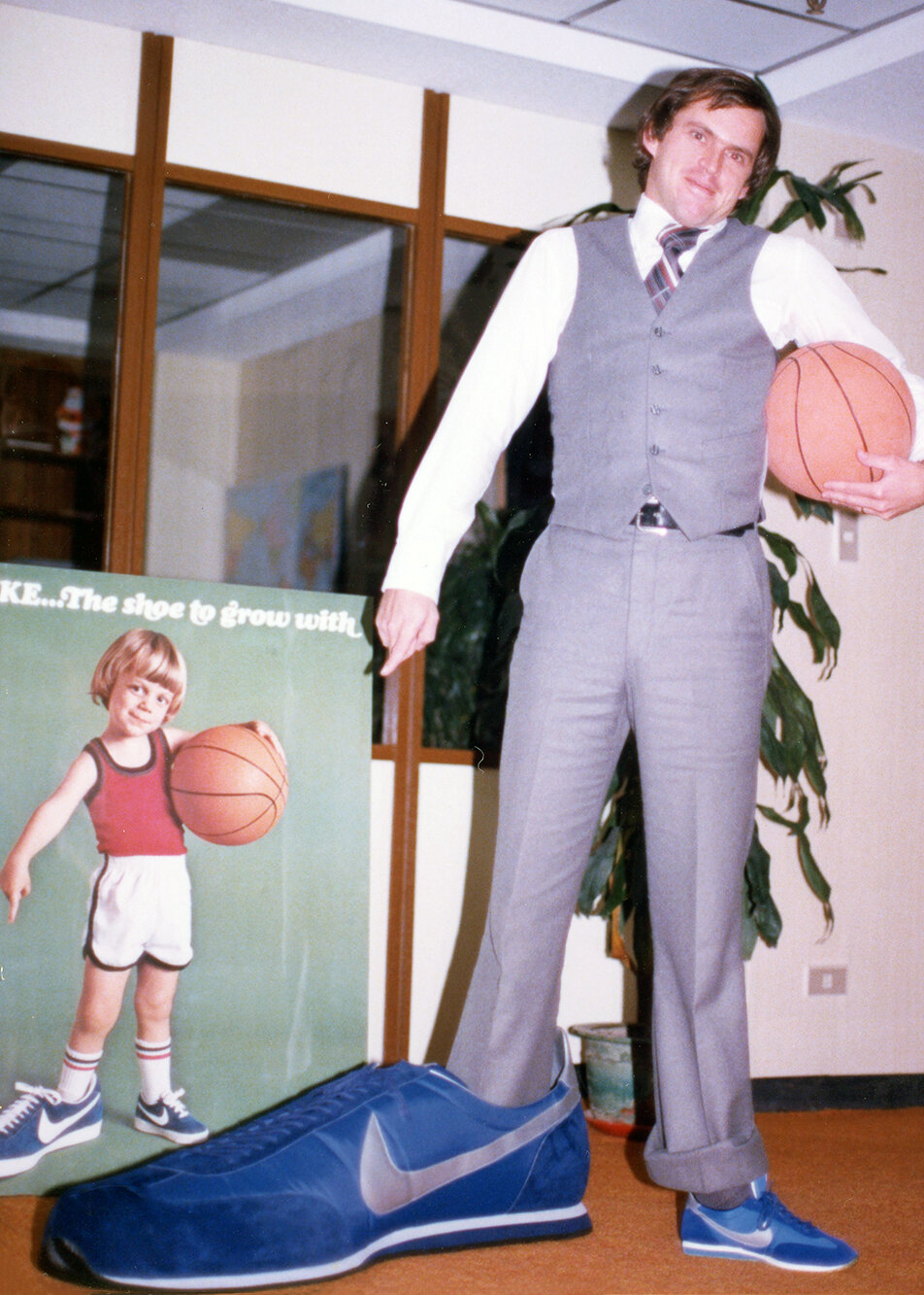 Fellow Nike employee, Jim Gorman, had a son name Nate who was in the Nike poster. Sheunn Yng made that huge shoe.