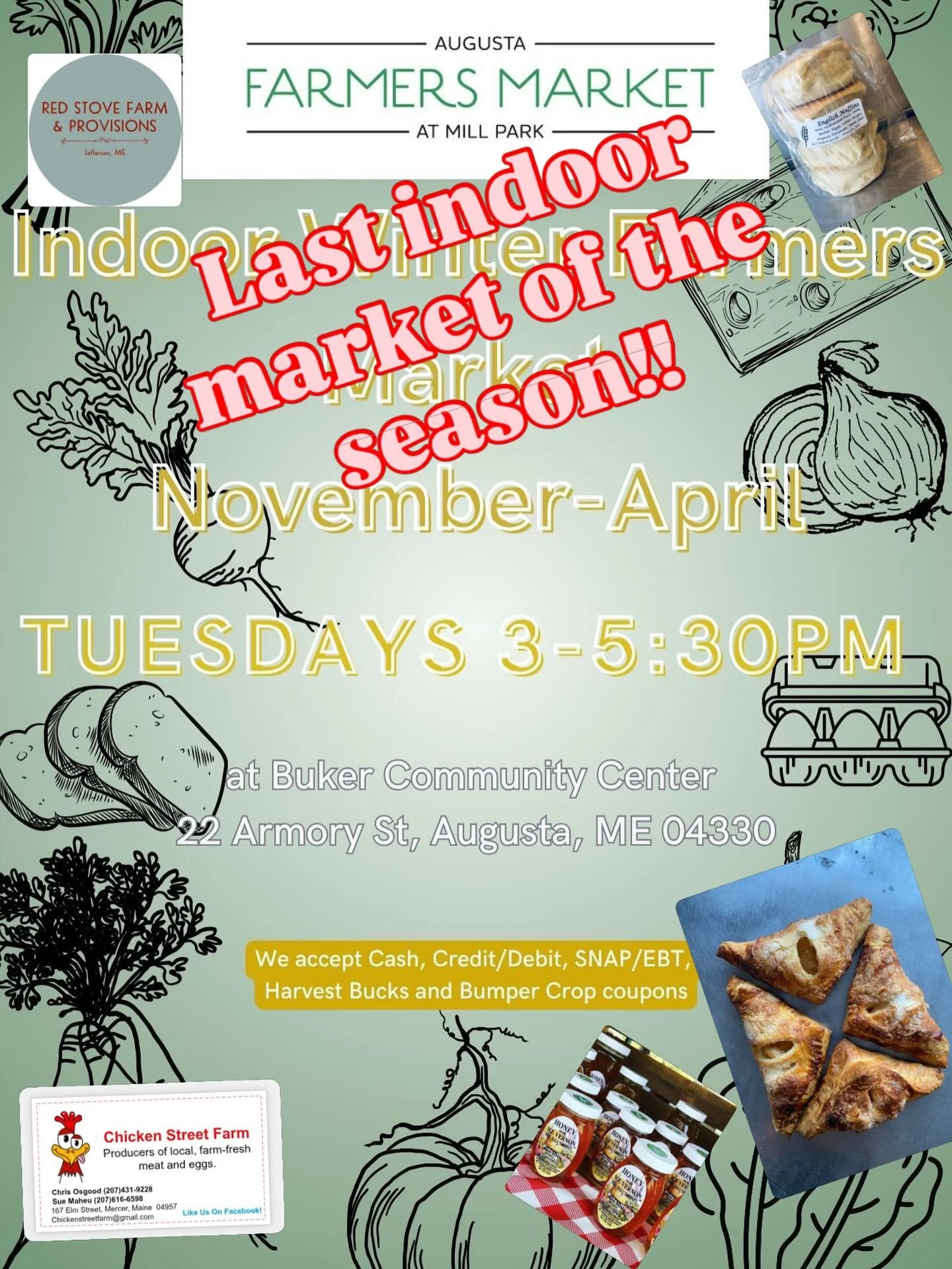 Come one, come all! Last indoor market of the season! Come spend Tuesday afternoon with your favorite, resilient, farmers and producers!
Check out what&rsquo;s in season and what you might expect for the outdoor season.
See you tomorrow at Buker 3-5: