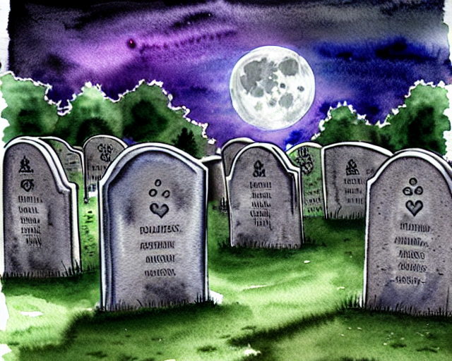 full headstone in a cemetery on a dark night, watercolor style, very detailed, full moon.png