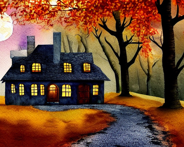 watercolor style, witch house in a fall forest, dark night, full moon, cobble stone path to the door of the house, dark and moody feel.png