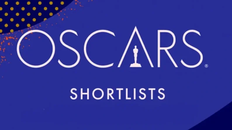 Oscar shortlists for the Academy Awards with a blue background, displaying the Oscar statuette as the letter 'A' in 'Oscars'.