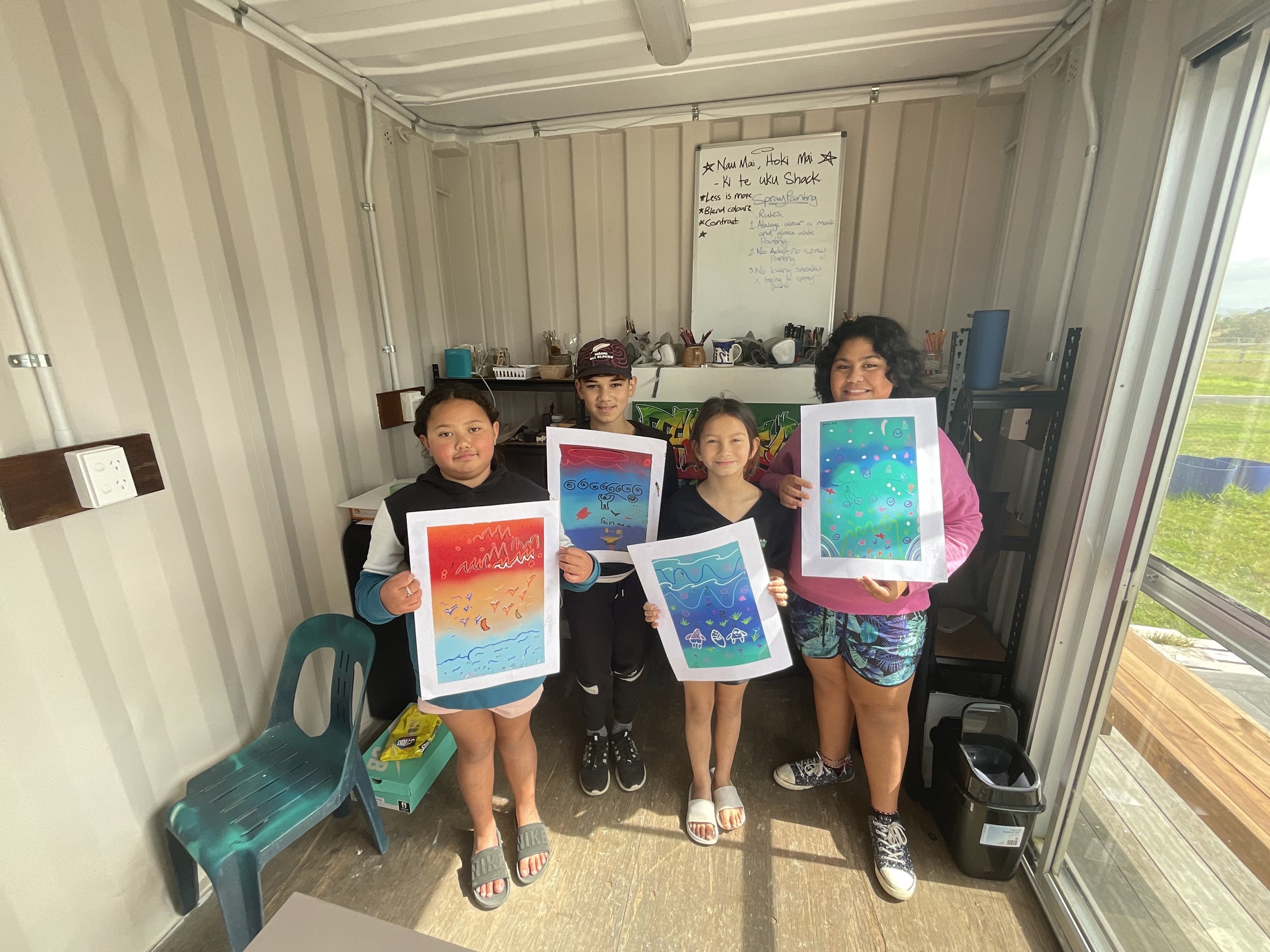   Multimedia workshops for tamariki from Ruakaka Primary at the Uku Shack in Takahiwai. These workshops aimed to offer our tamariki the opportunity to create their own unique art pieces, using modern-day resources such as spray cans.  