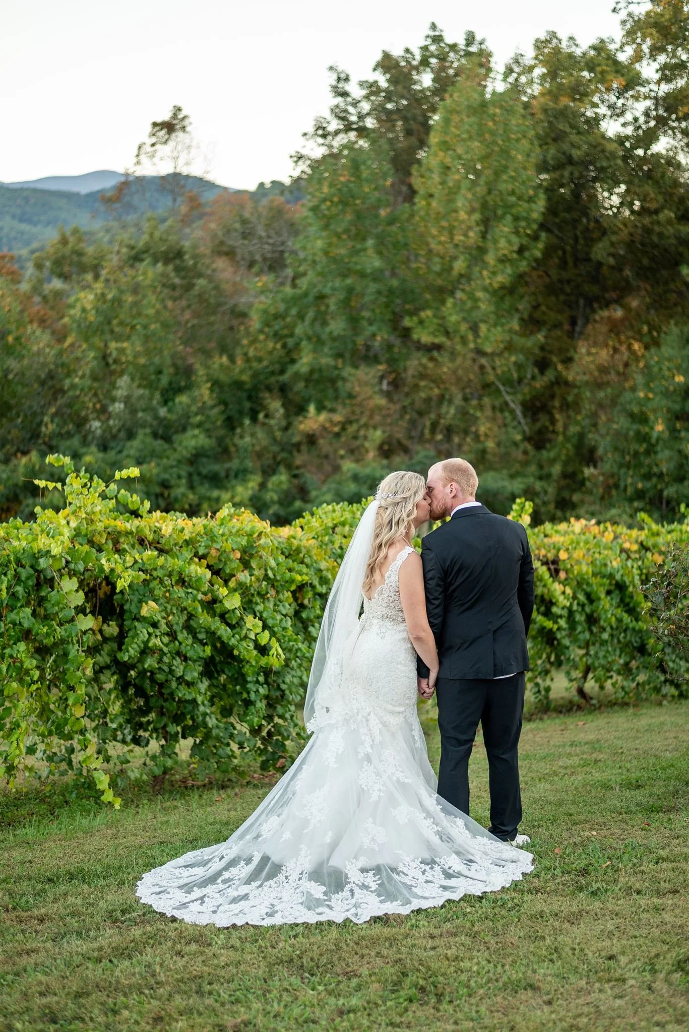 The newlyweds kiss by the vineyard.