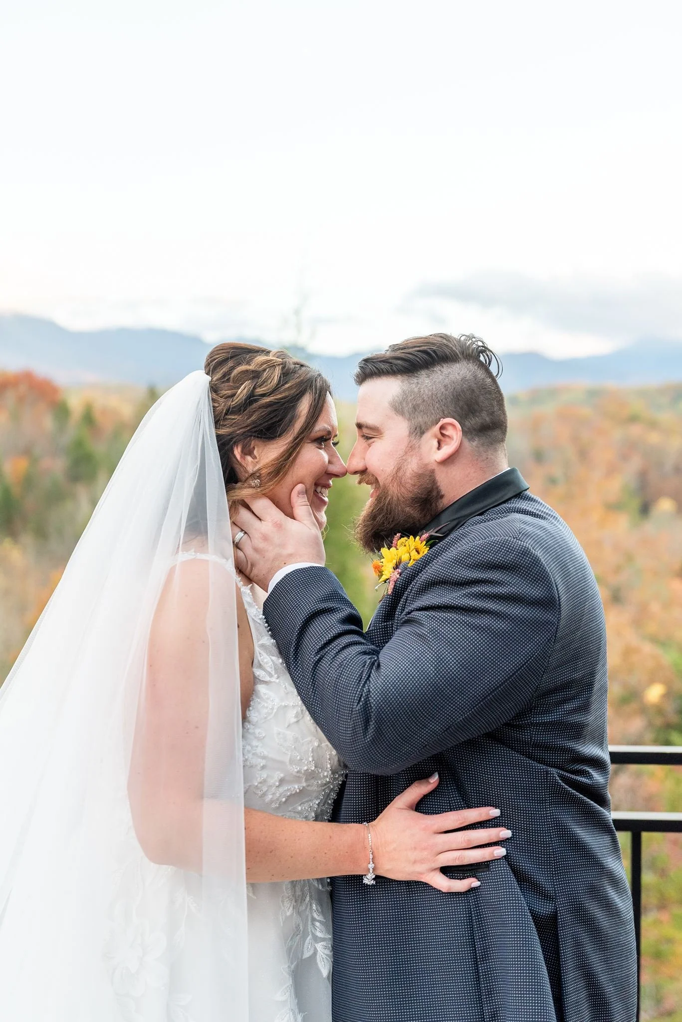 A colorful photo shows the bride and groom in embrace.