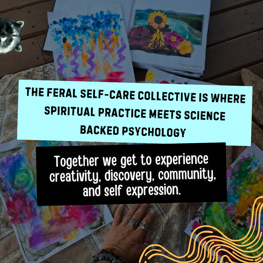 Colorful abstract paintings and drawings laid out on a table, with a hand resting on it, and a puppy peeking in from the top left corner. Overlaid text discusses the value of a self-care collective combining spirituality, science, psychology, creativity, discovery, community, and self-expression.