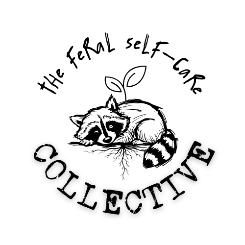 A circular logo for The Feral Self-Care Collective featuring a raccoon with a plant growing from its head, lying down with roots visible.