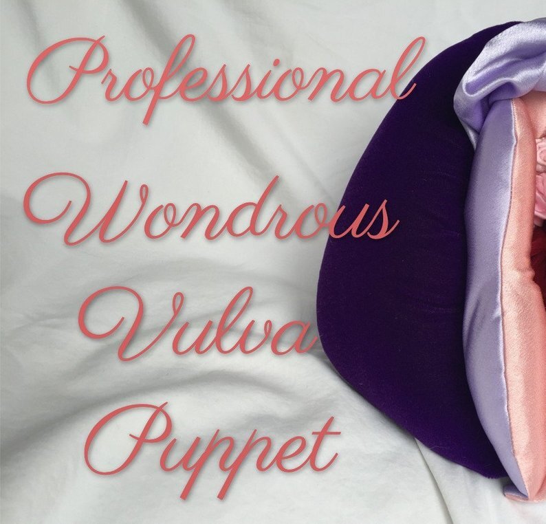Velvet and satin vulva puppet, 8 by 11inches, handmade, anatomically accurate.