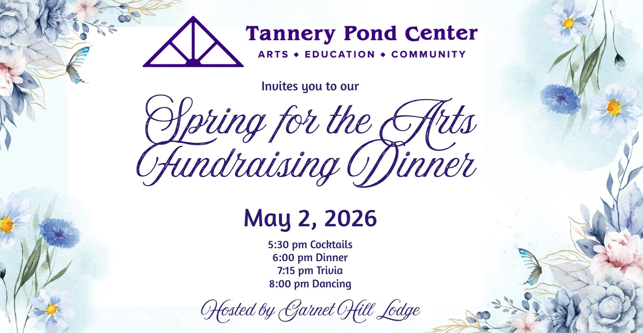 Join us for our Spring Fundraising Dinner hosted by the Garnet Hill Lodge!

Cost: $100

RSVP by April 24, 2026. Tickets may be purchased online, in person or by phone.
www.tannerypond.org/Spring or (518) 251-2505

If you cannot attend but would like 