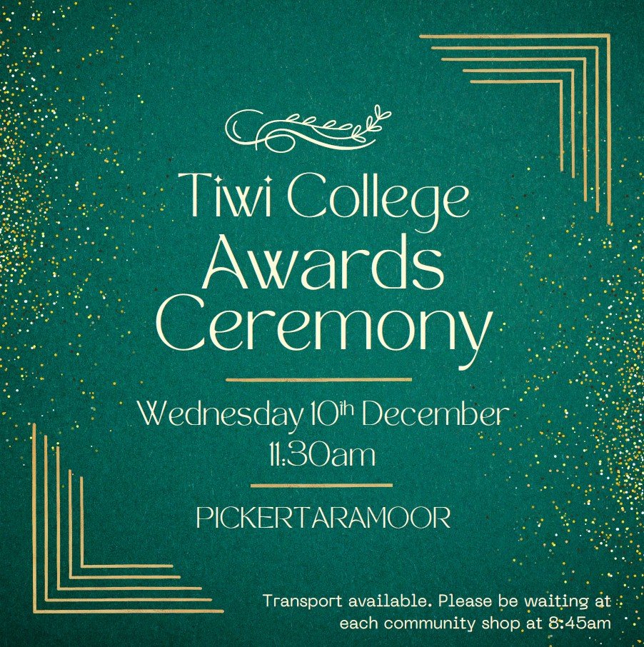 🎉 TIWI COLLEGE AWARDS CEREMONY 🎉

We are excited to invite parents and family to celebrate the achievements of our students! ✨

📅 Wednesday, 10th December
⏰ 11:30am
📍 Pickertaramoor

🚌 Transport will be available!
Pick-up from each community sho