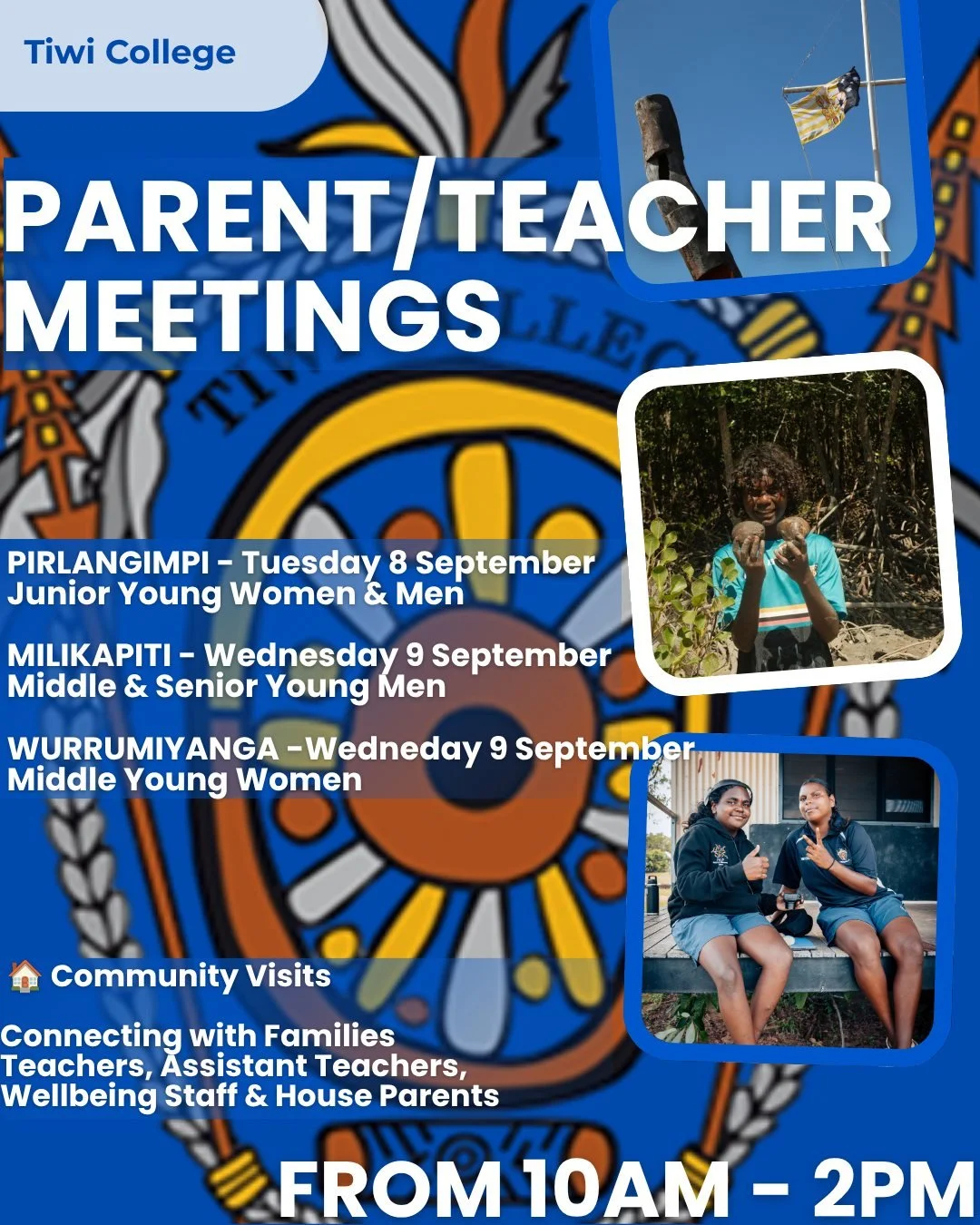 Parent Teacher Meetings - This Week

A reminder to families across communities that our Parent Teacher Meetings are happening this week.

📍 Pirlangimpi
📅 Tuesday 8 September
⏰ 10:00am &ndash; 2:00pm
👥 Junior Young Women &amp; Young Men

📍 Milikap