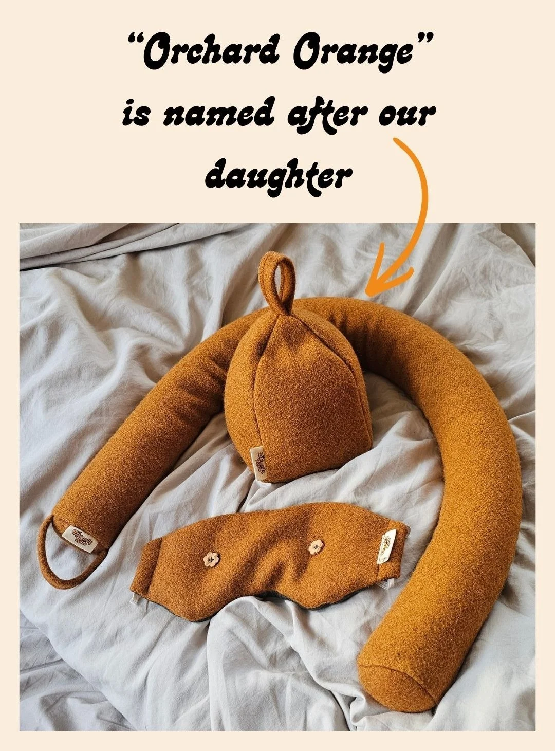 The Ethically Kate Orchard Orange sleep collection by Do Not Disturb, featuring the limited-edition weighted eye mask, Draft stopper and matching door stop, handmade in New Zealand by Do Not Disturb.