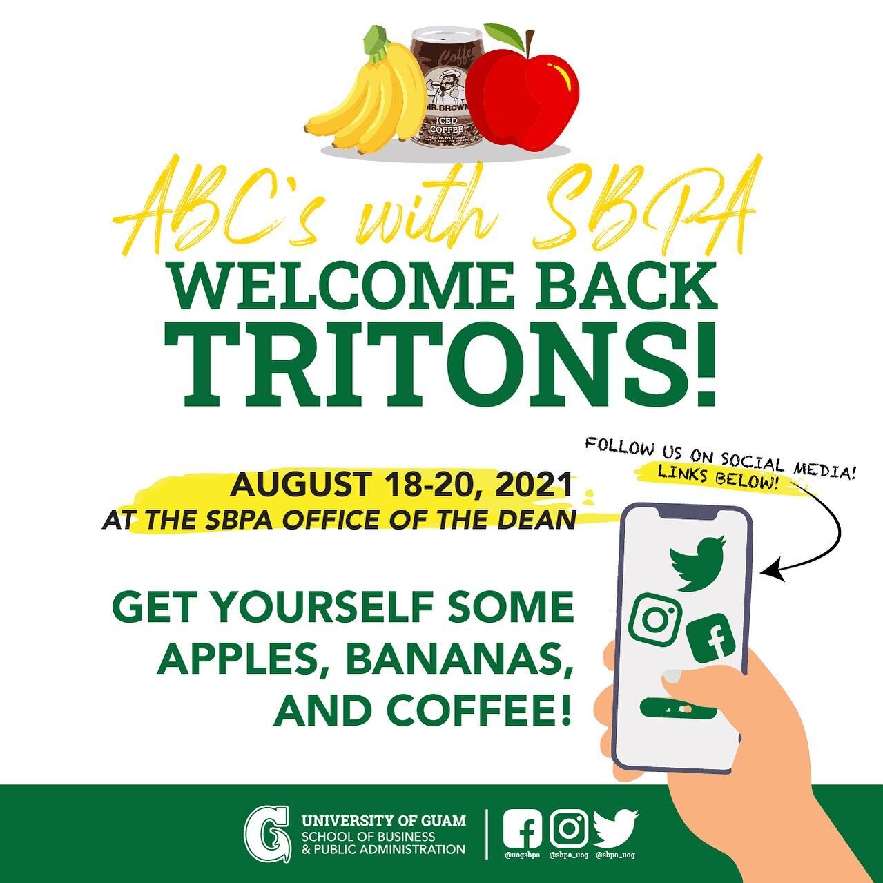 Welcome Back Tritons! Have some delicious and snacks courtesy of the SBPA Office of the Dean! Just swing by, say hi, and conquer your first day! #WeAreSBPA 💚🔱🍎🍌☕️