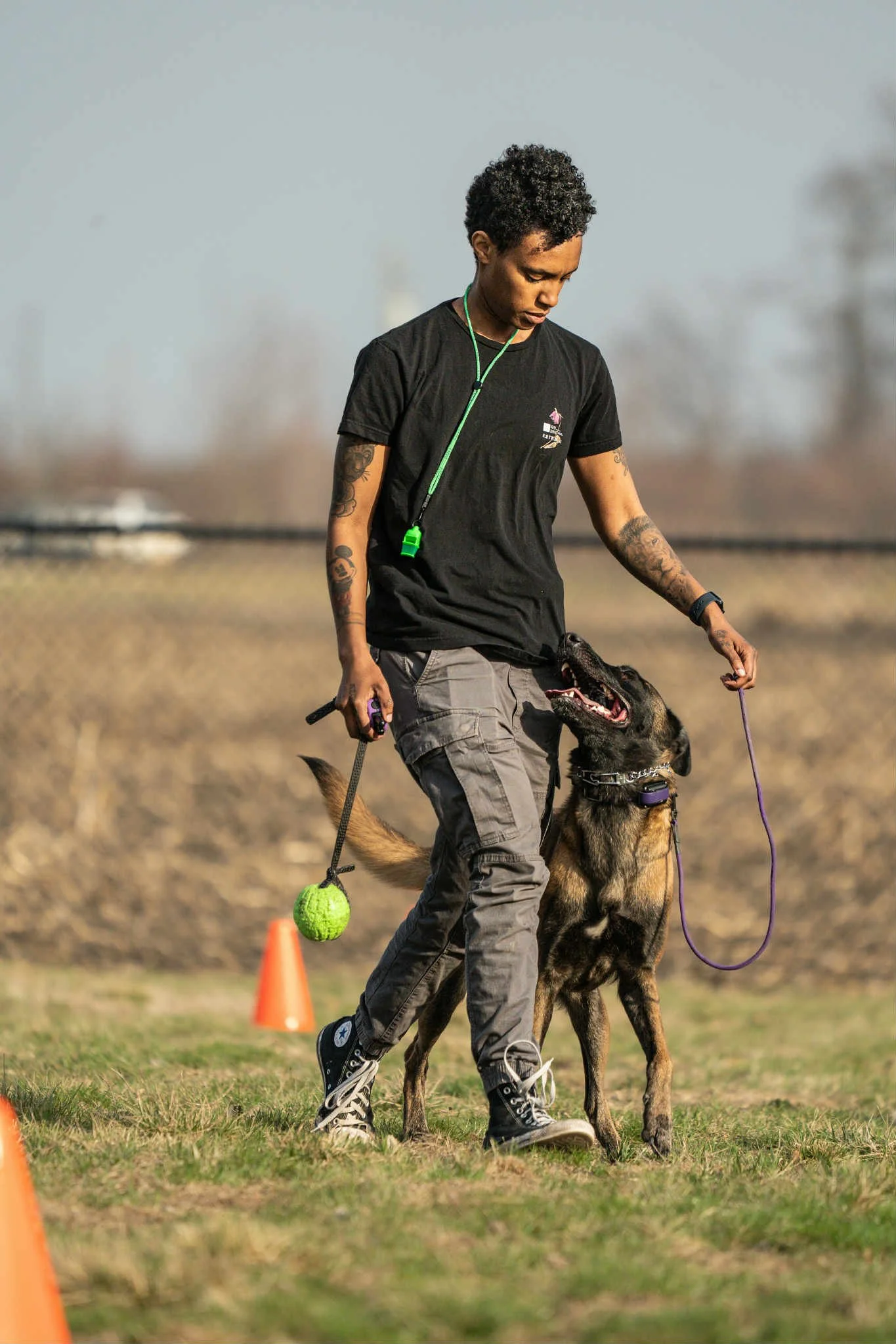 A young woman with tattoos and dark curly hair walking a belgian malinois on a leash during a training session outdoors, with orange cones and a chew toy on the ground.