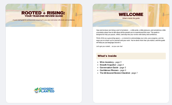 Two pages of a professional guide or presentation. The first page is titled 'Rooted + Rising: Your Year-End Review Guide' with a background of orange and yellow. The second page has a 'Welcome' message and a table of contents including sections on 'Wins Inventory,' 'Growth Snapshot,' 'Conversation Guide,' 'Confidence Phases,' and 'The 60-Second Review Checklist,' with a background featuring abstract watercolor designs.