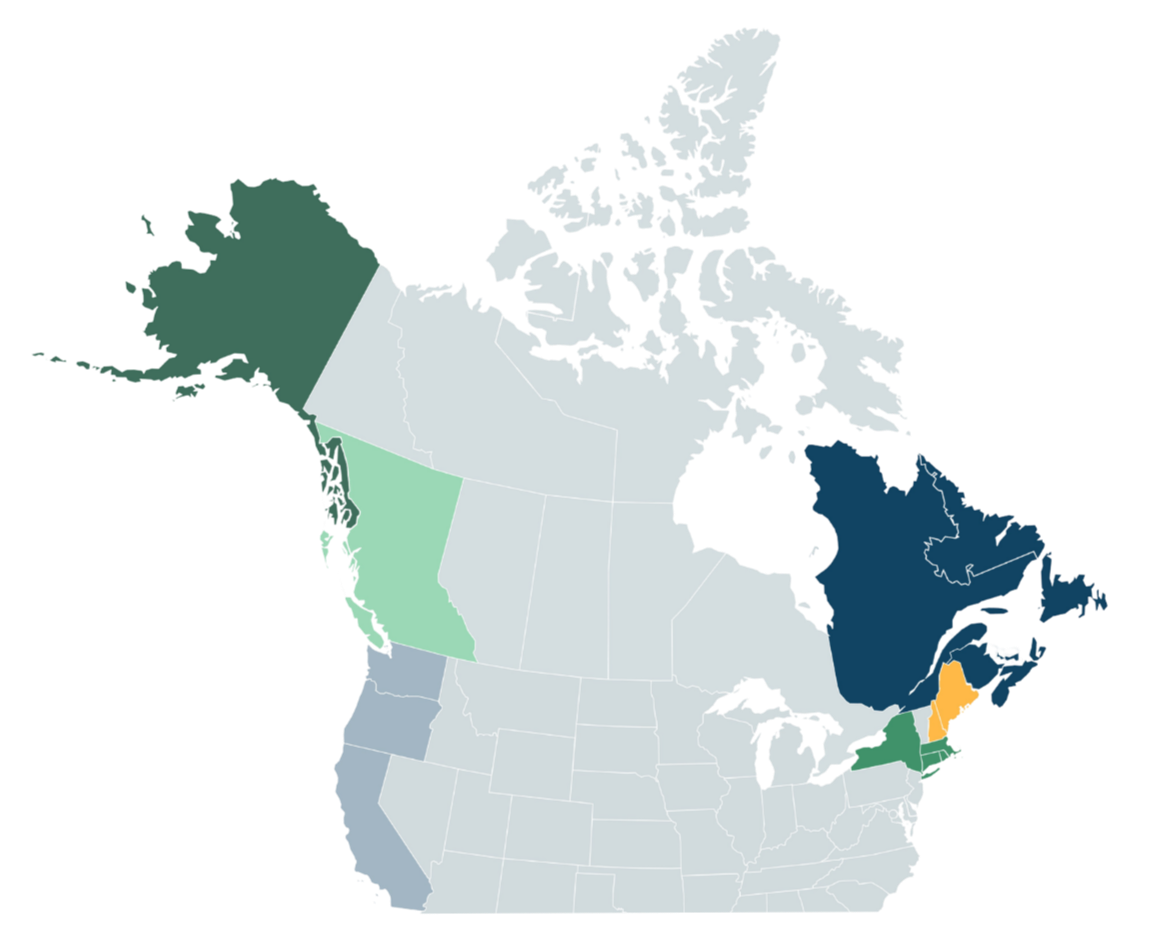 Map of kelp farms in the U.S. and Canada